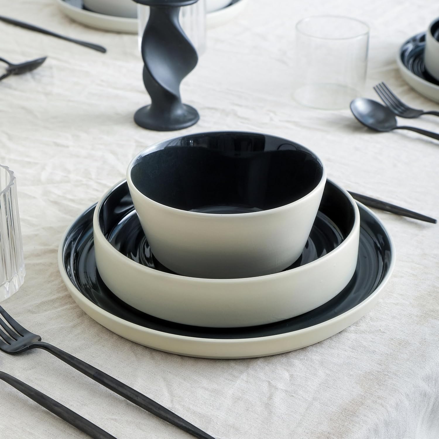 Stone Lain Elica – Vajilla de 12 piezas de gres, color negro y beige