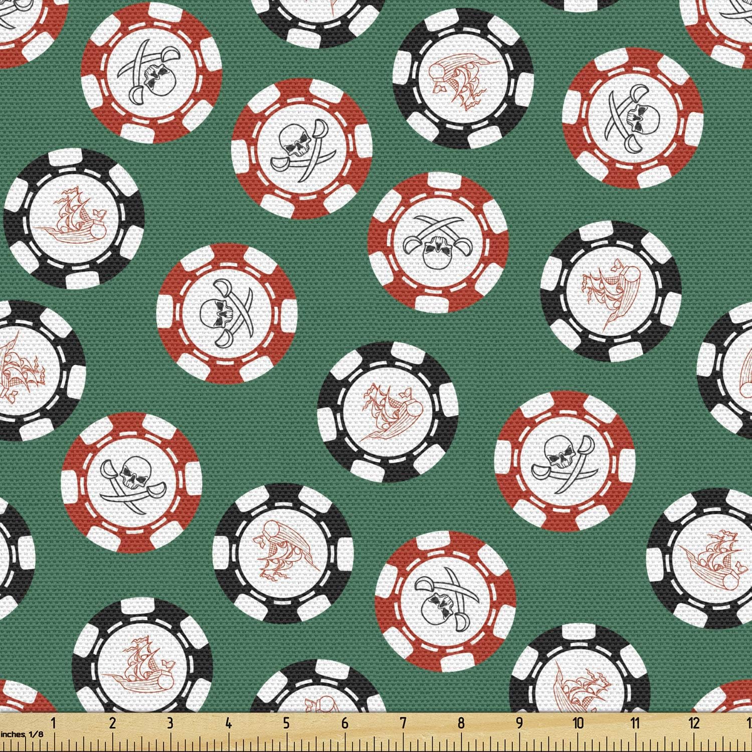 Ambesonne Tela de casino por The Yard, tarjetas de póquer piratas dinero huesos diagonales cráneo riesgo arte decorativo para tapicería y detalles
