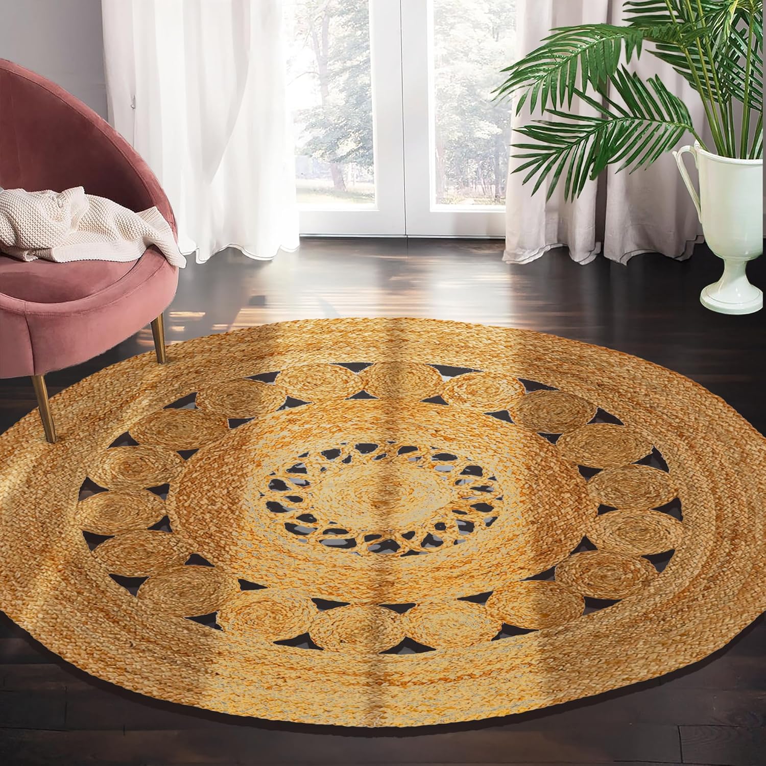 Alfombra trenzada de yute beige  Alfombra redonda de yute de 4 pies, alfombra redonda de yute bohemia para sala de estar, alfombra redonda de yute