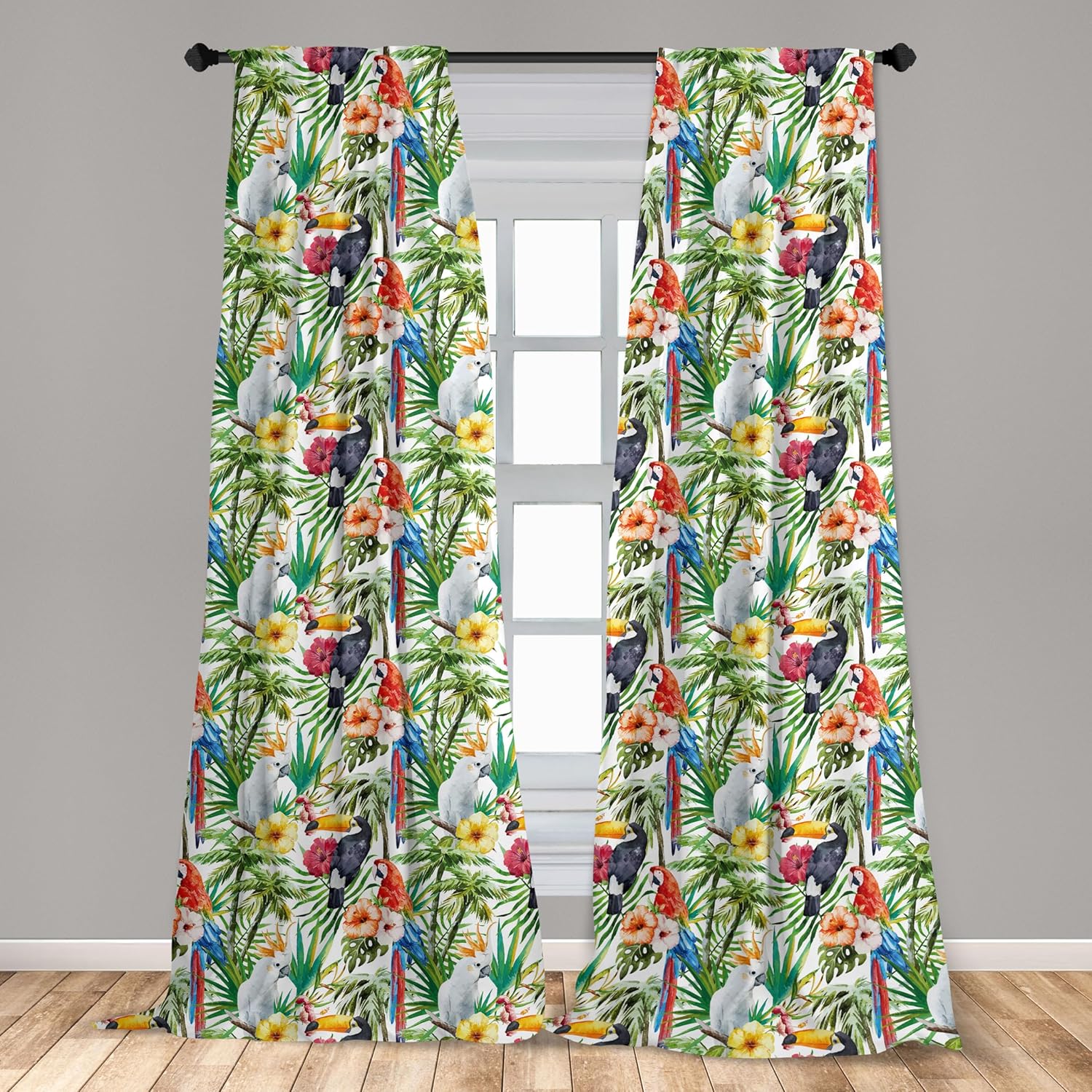 Lunarable Parrots Window Curtains, Watercolored Tropical Animals Toucans and Yellow Crested Cockatoo in The Jungle, Lightweight Decor 2-Panel Set