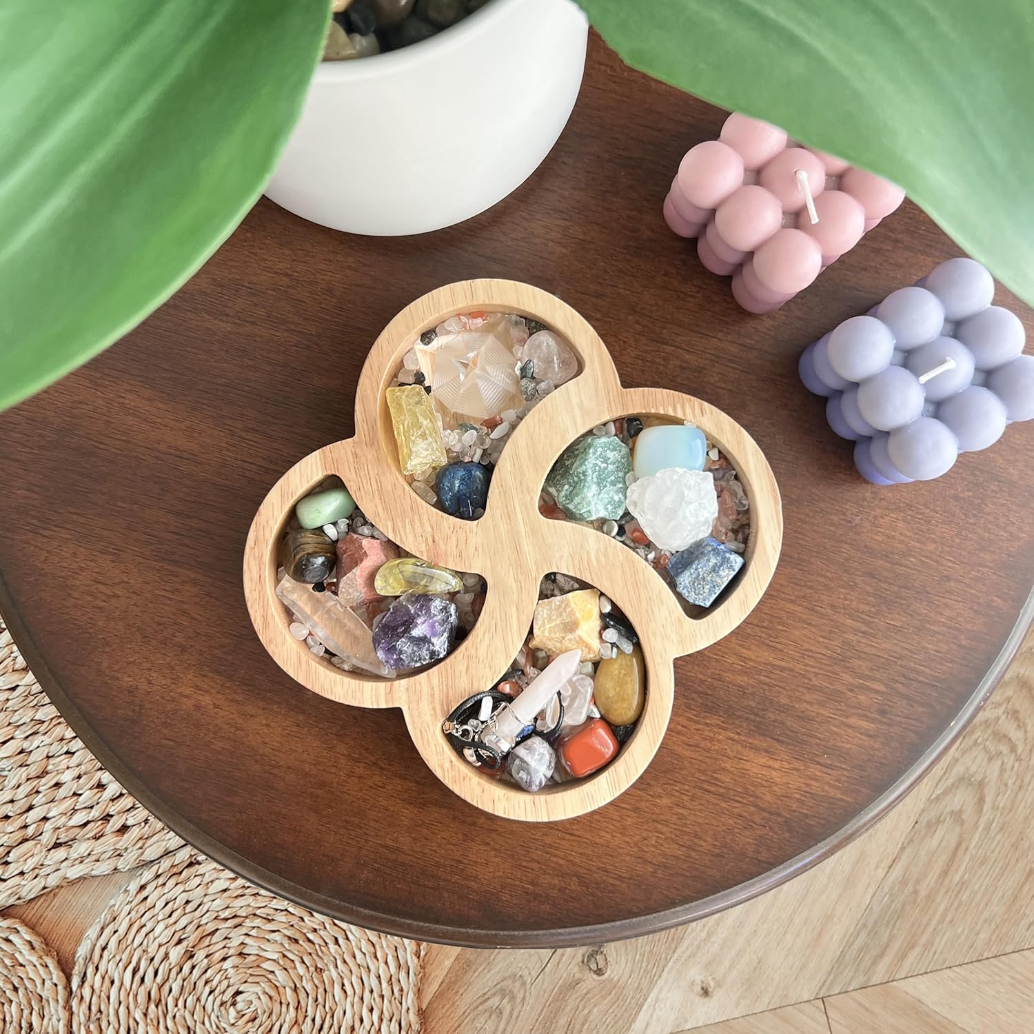 Bandeja de madera con flores de cristal para piedras, muestra tus cristales y piedras curativas, soporte de cristal para exhibición de piedras,