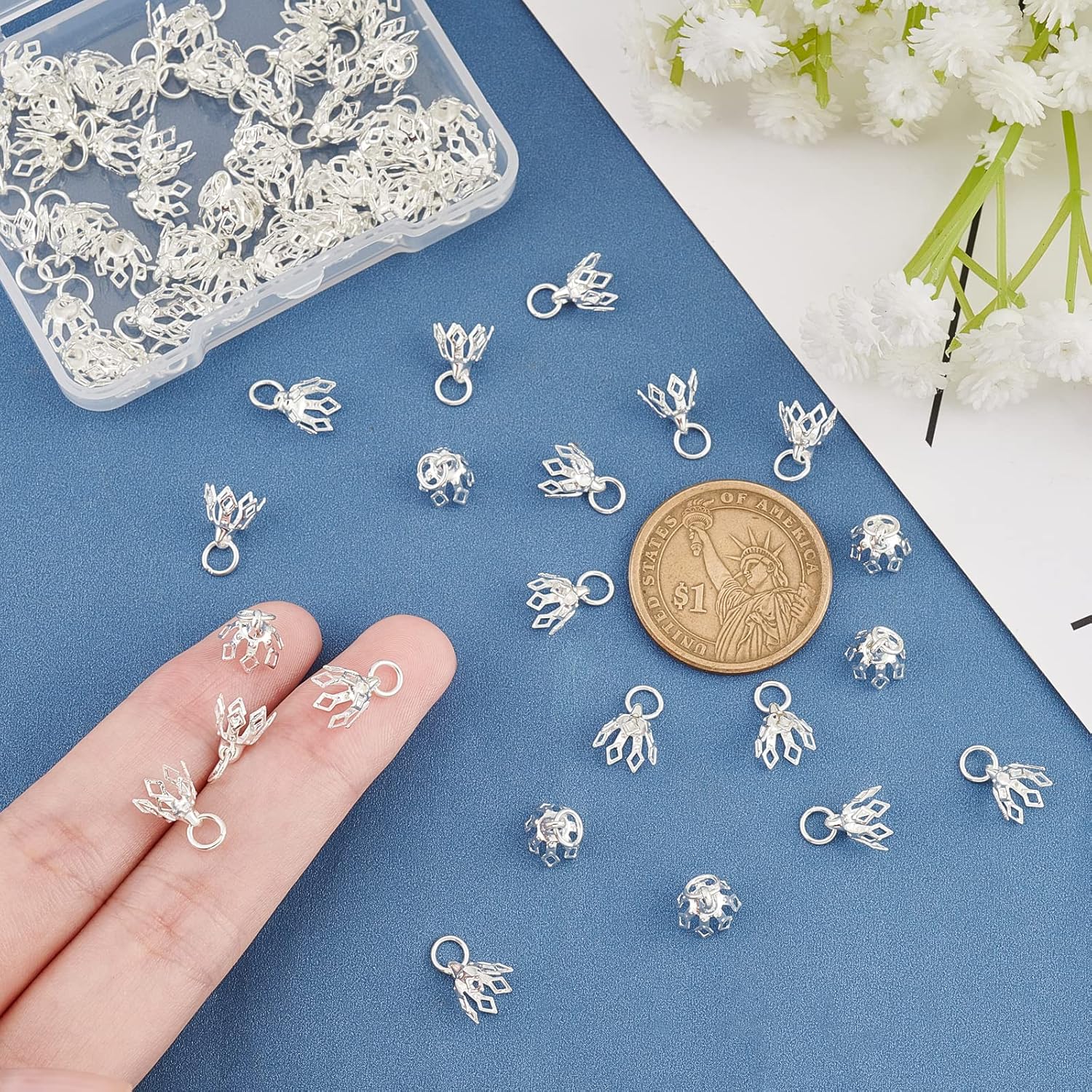 SUPERFINDINGS Hollow Flower Beads Caps Brass Bead Cap Bails End Charm Caps Loop Filigree Prong Spacer Beads for Earrings Bracelets Necklaces Jewelry