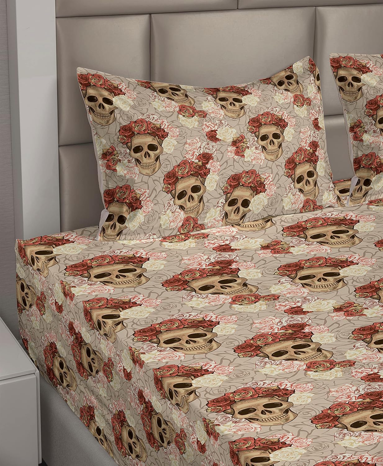 Ambesonne Skull Sheet Set, Goth Roses Floral Skeleton Head Day of The Dead Ethnic Mexican Inspired, Fitted and Flat Sheet with Pillowcases Bedding