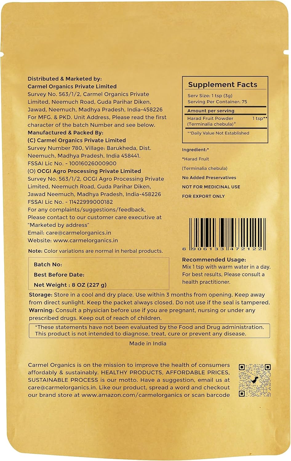 CARMEL ORGANICS HaradHaritaki – Polvo de fruta de 8 onzas o 0.5 libras8.01 oz (paquete de 1)  Natural  Sin conservantes añadidos  Sin OMG