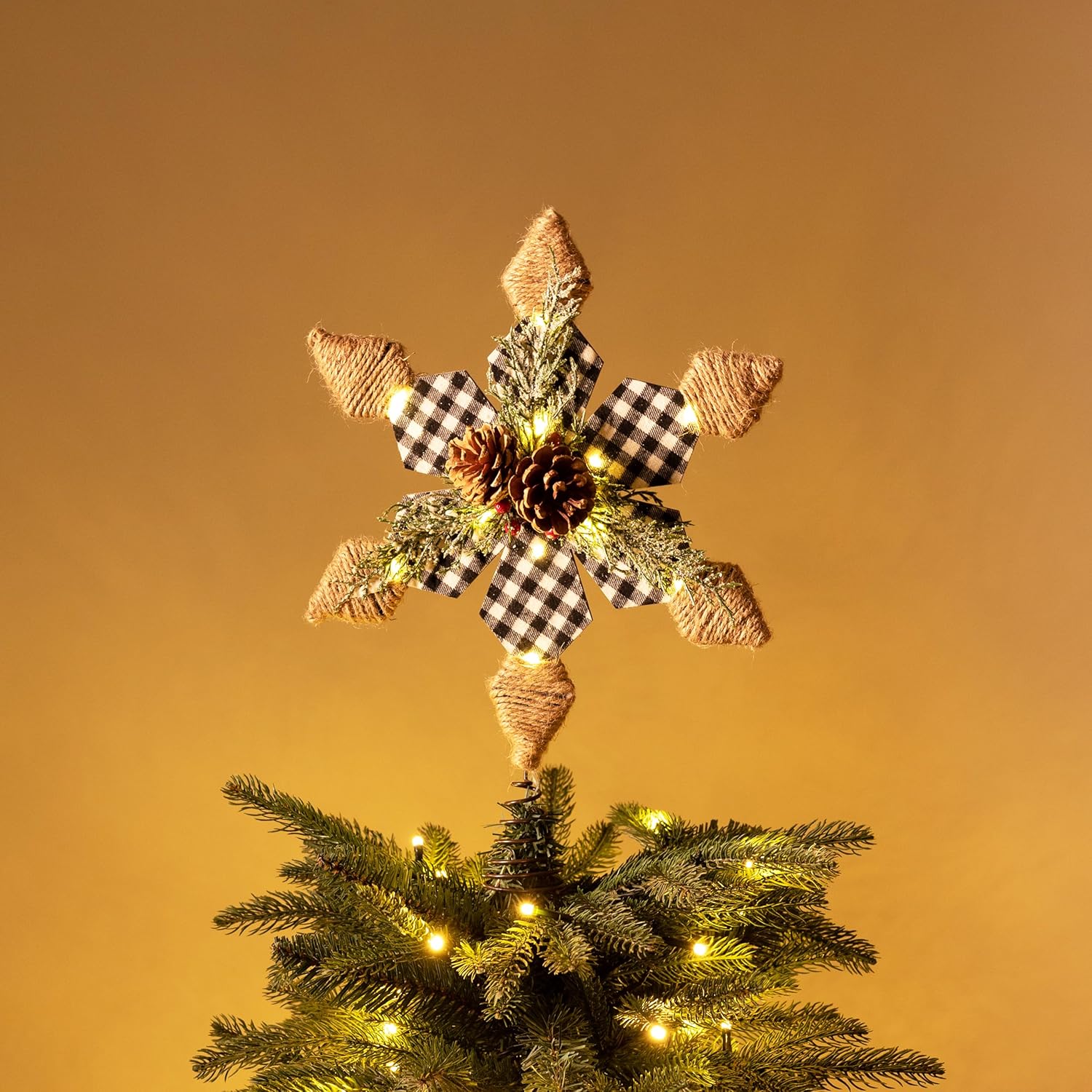 Valery Madelyn Decoración para árbol de Navidad preiluminada de 16.1 pulgadas, color blanco y negro, parte superior para árbol de Navidad rústico