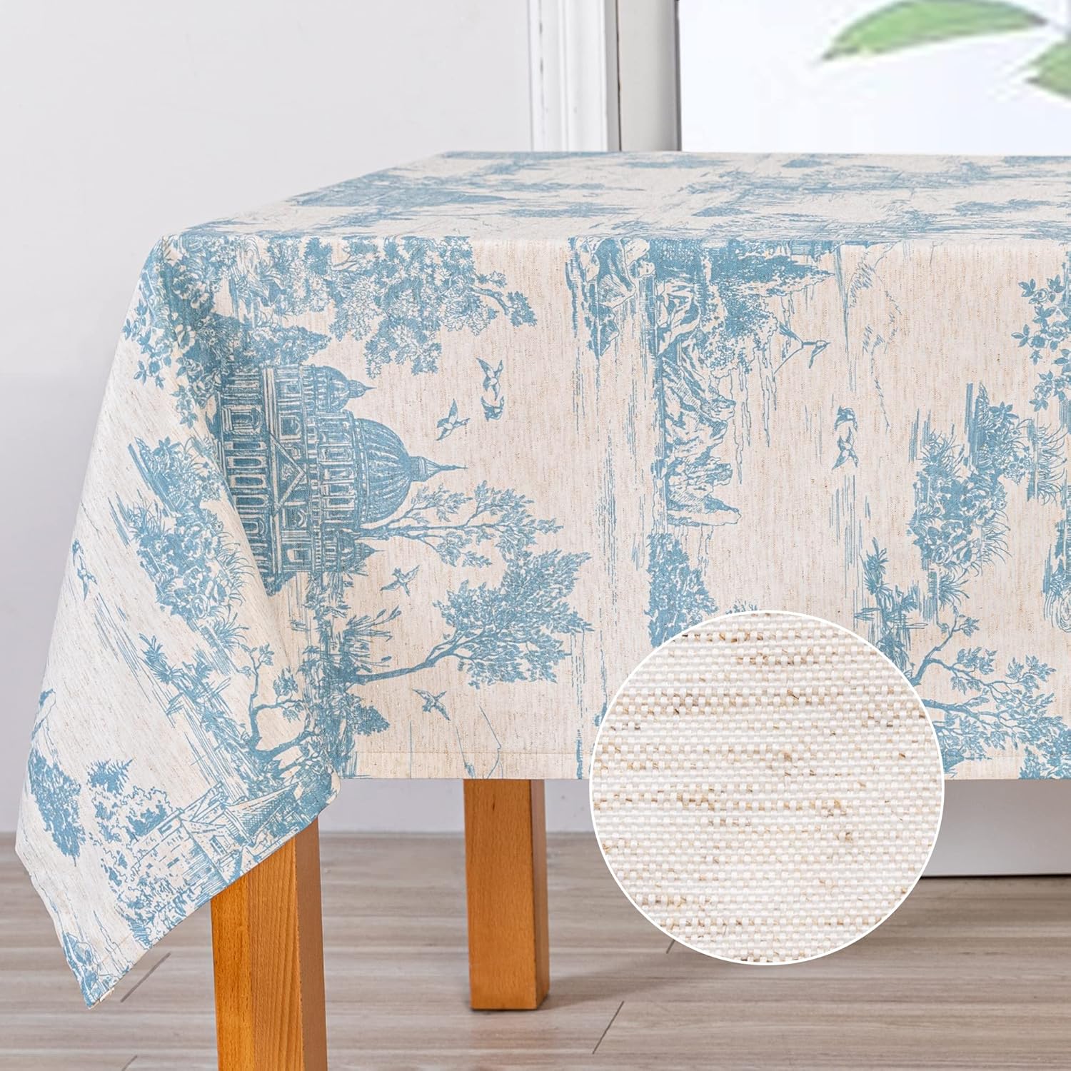 MYSKY HOME Mantel rectangular vintage de lino de 60 x 102 pulgadas, mantel con estampado de castillo azul para mesa de comedor, mesa, fiestas,