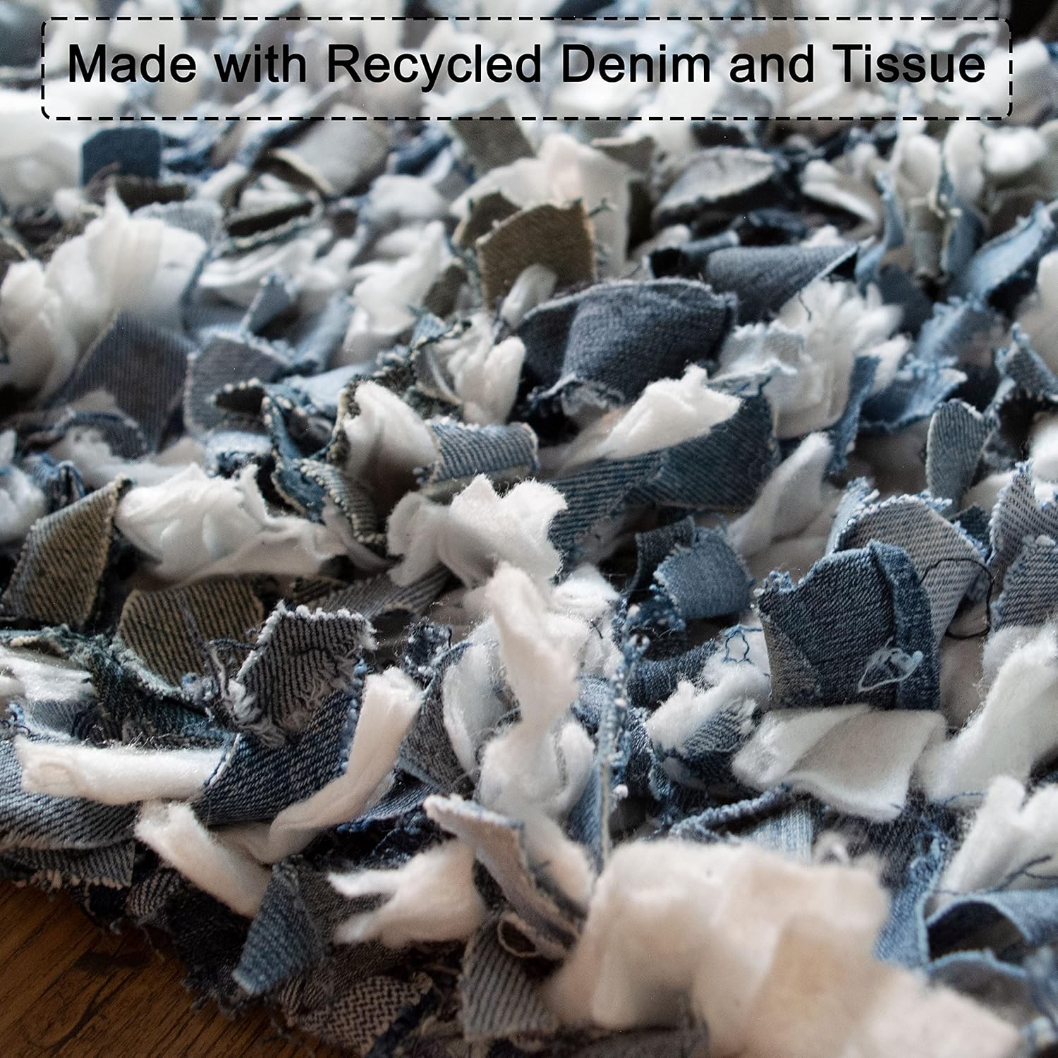 Chardin home Rainbow Shag Rug Denim Blues and White  Boho Rug for Bedroom, Kitchen, Entrance Bathroom and More  Recycled Rag chindi Shaggy Rug 20×30