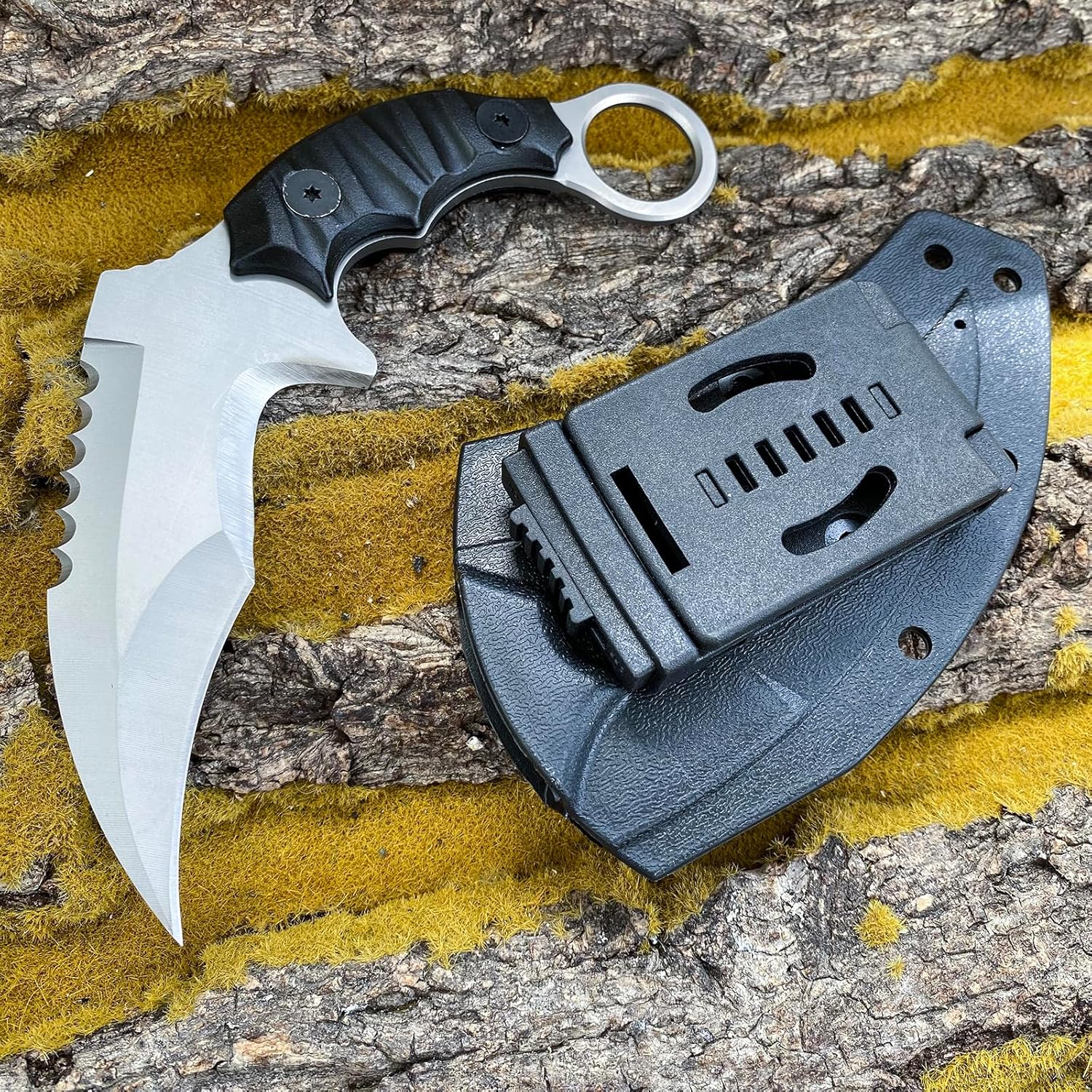 HOLYEDGE Cuchillos de hoja fija de acero D2 semidentados, cuchillo táctico de supervivencia con mango G10 y funda Kydex, herramientas de caza para