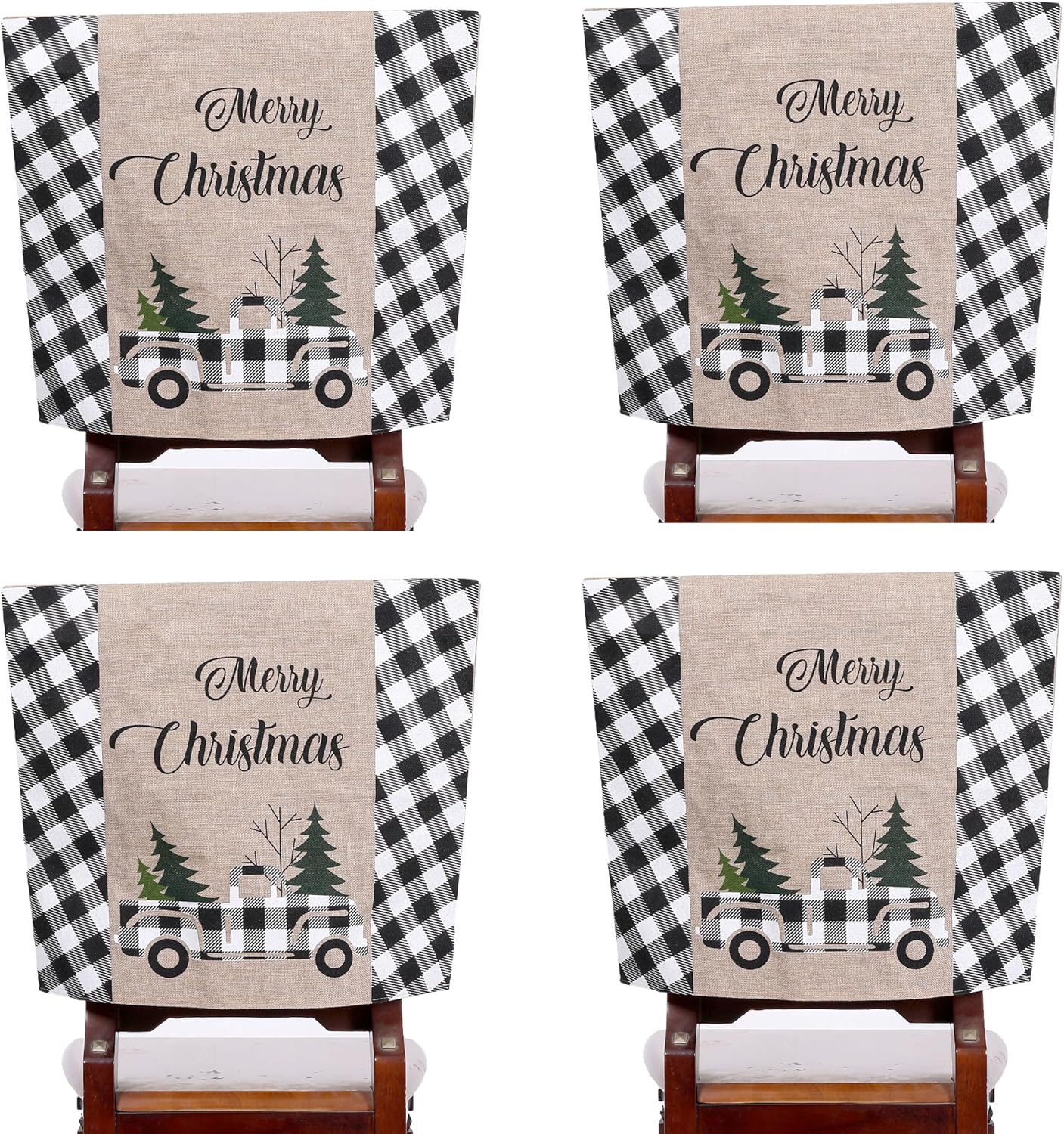 4 fundas para sillas de Navidad, de arpillera, búfalo, a cuadros, para automóvil, árbol de Navidad, decoración para Navidad, comedor, cocina,