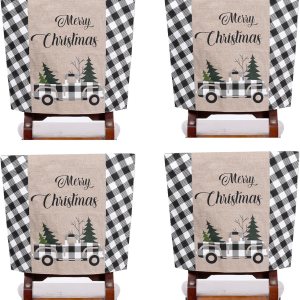 4 fundas para sillas de Navidad, de arpillera, búfalo, a cuadros, para automóvil, árbol de Navidad, decoración para Navidad, comedor, cocina, 4 fundas para sillas de Navidad, de arpillera, búfalo, a cuadros, para automóvil, árbol de Navidad, decoración para Navidad, comedor, cocina,