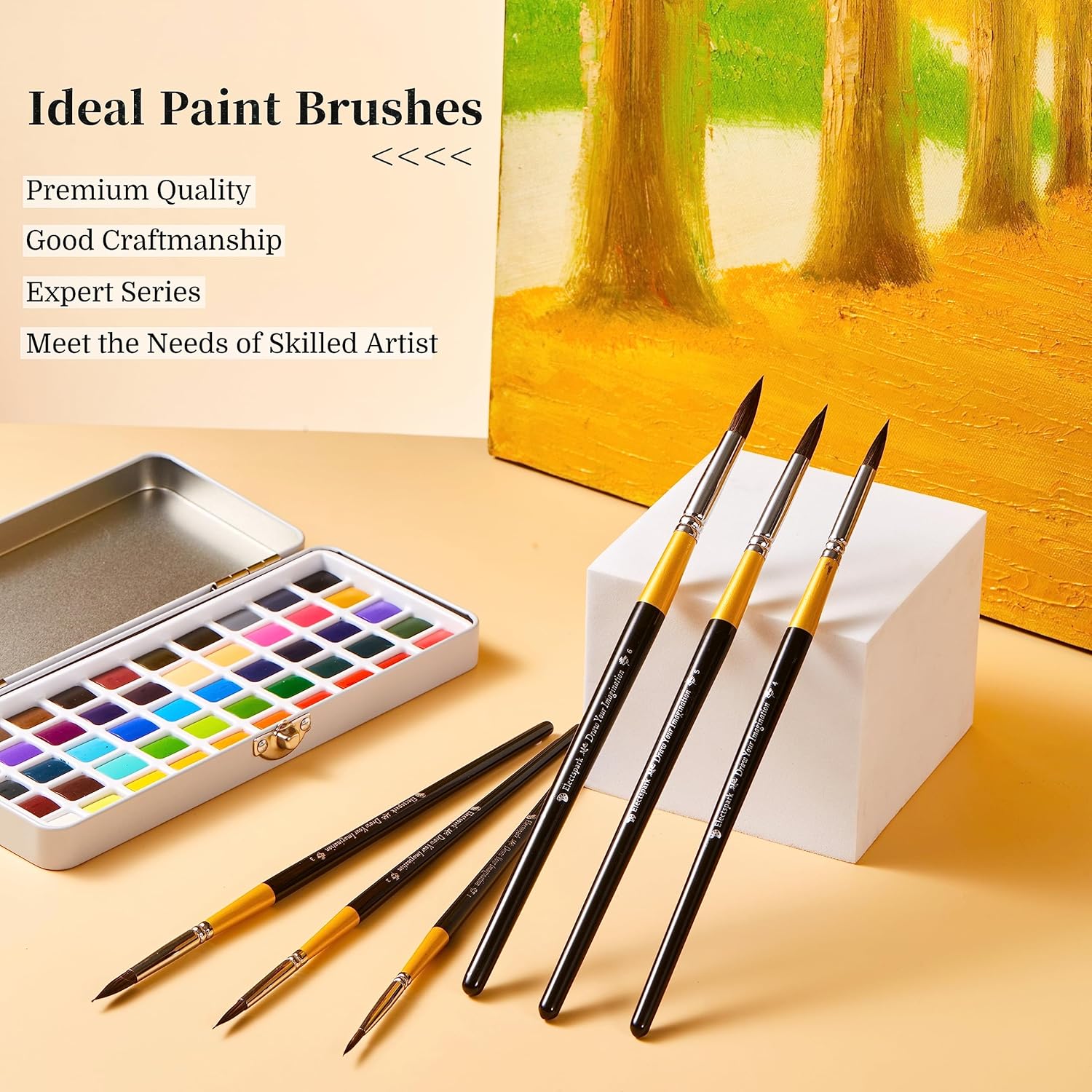 Electspark – Pinceles de acuarela profesionales para pintura de cerdas de ardilla sintética, juego de 6 pinceles puntiagudos para artistas, adultos,