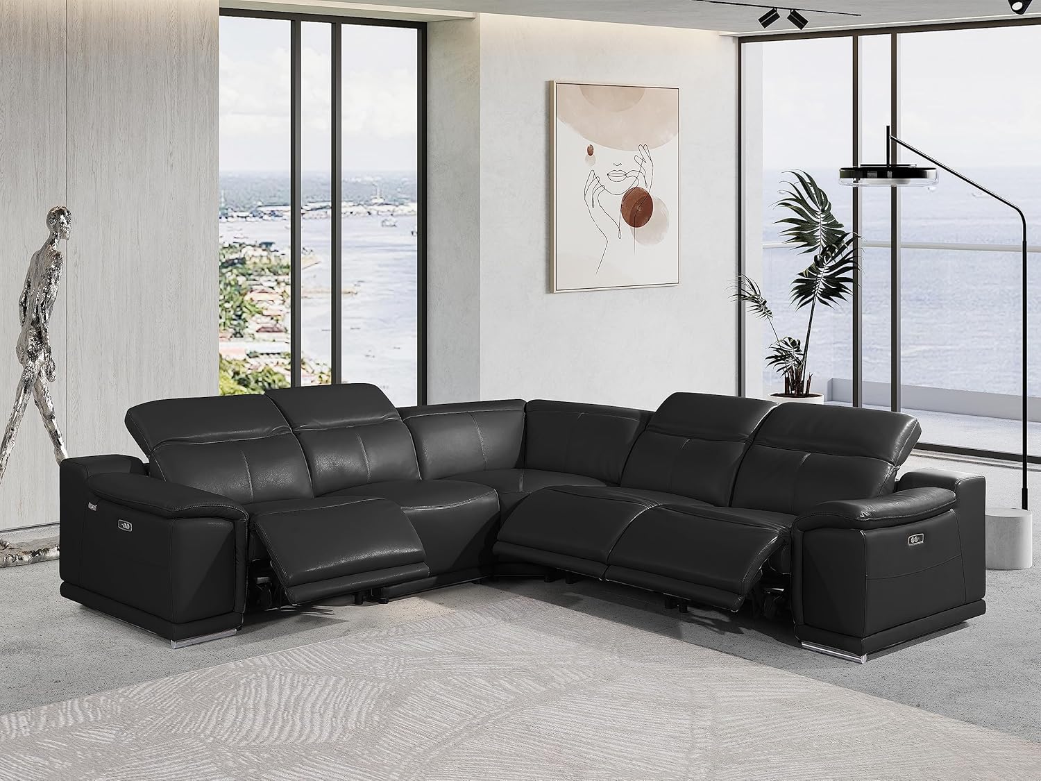 Sofá modular Venice de 5 piezas con 3 reclinables eléctricos, cuenta con reposacabezas ajustable, soporte lumbar, estación de carga USB e