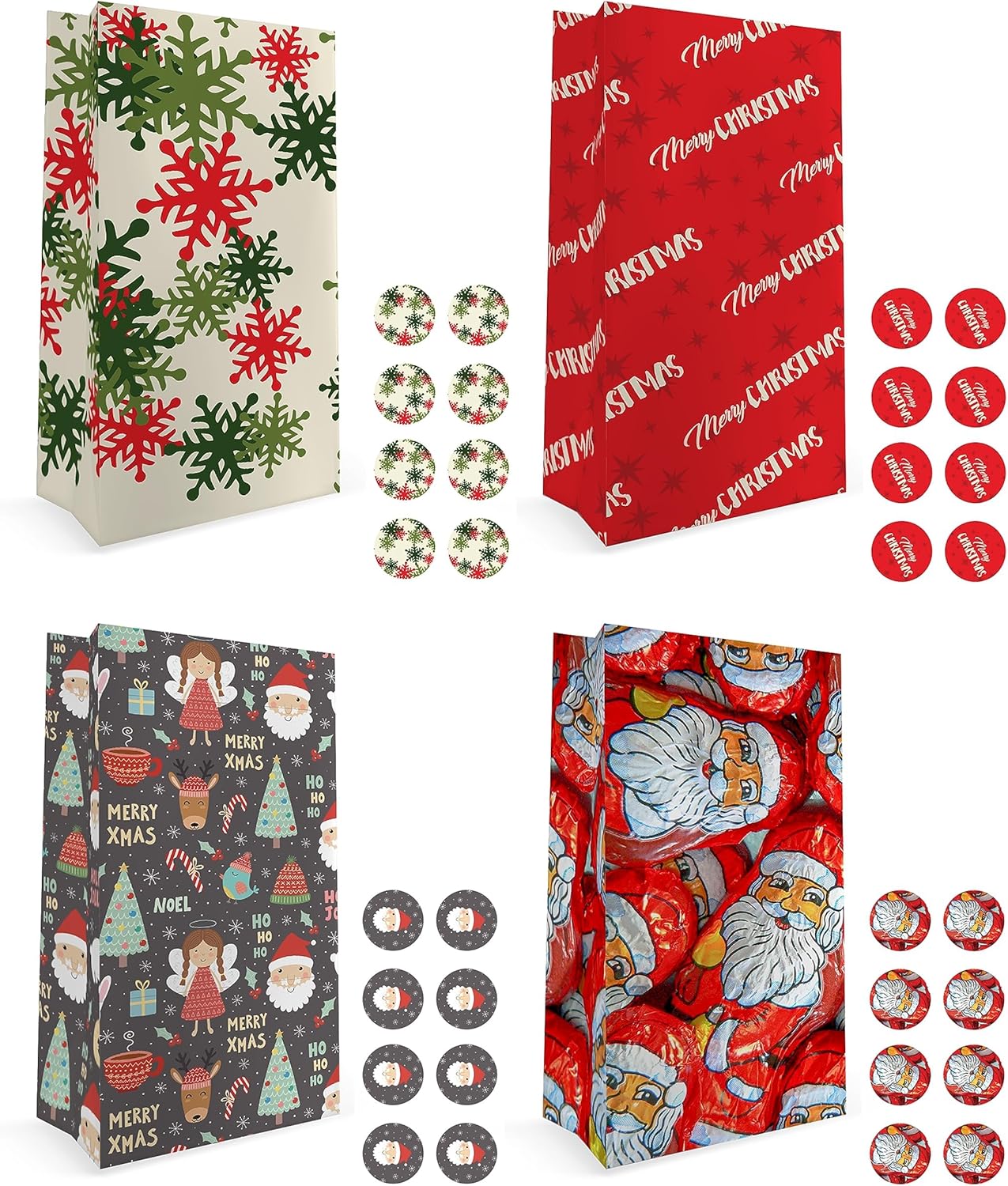 Bolsas de regalo de Navidad, 160 bolsas de papel de Navidad, 4 diseños, 160 calcomanías de Navidad, bolsa de regalos de Navidad, suministros de