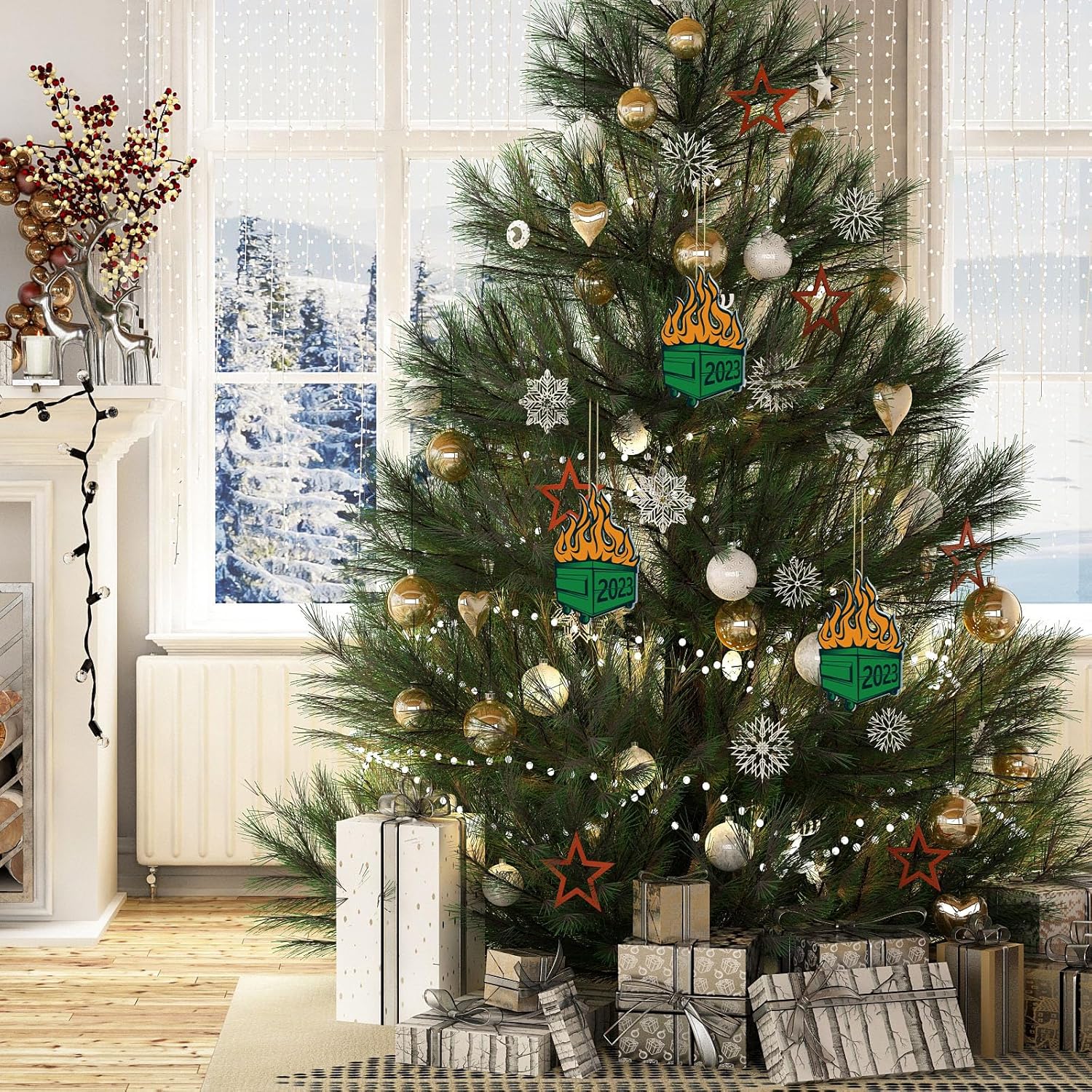 9 piezas de adornos de basurero de Navidad para árbol de Navidad, decoraciones colgantes de doble cara de Navidad con cuerdas doradas