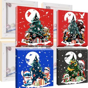 Paquete de 4 pinturas de dibujos animados de Navidad por números para niños de 8 a 12 años, pintura acrílica fácil de luna por número para niños Paquete de 4 pinturas de dibujos animados de Navidad por números para niños de 8 a 12 años, pintura acrílica fácil de luna por número para niños