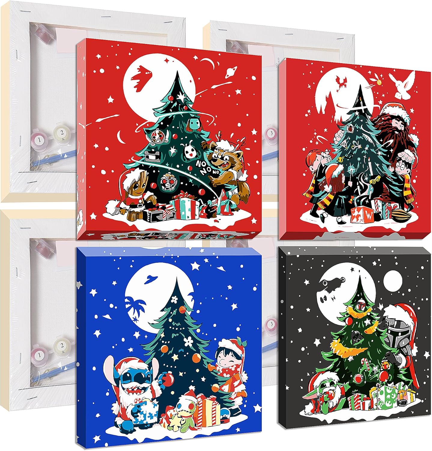 Paquete de 4 pinturas de dibujos animados de Navidad por números para niños de 8 a 12 años, pintura acrílica fácil de luna por número para niños