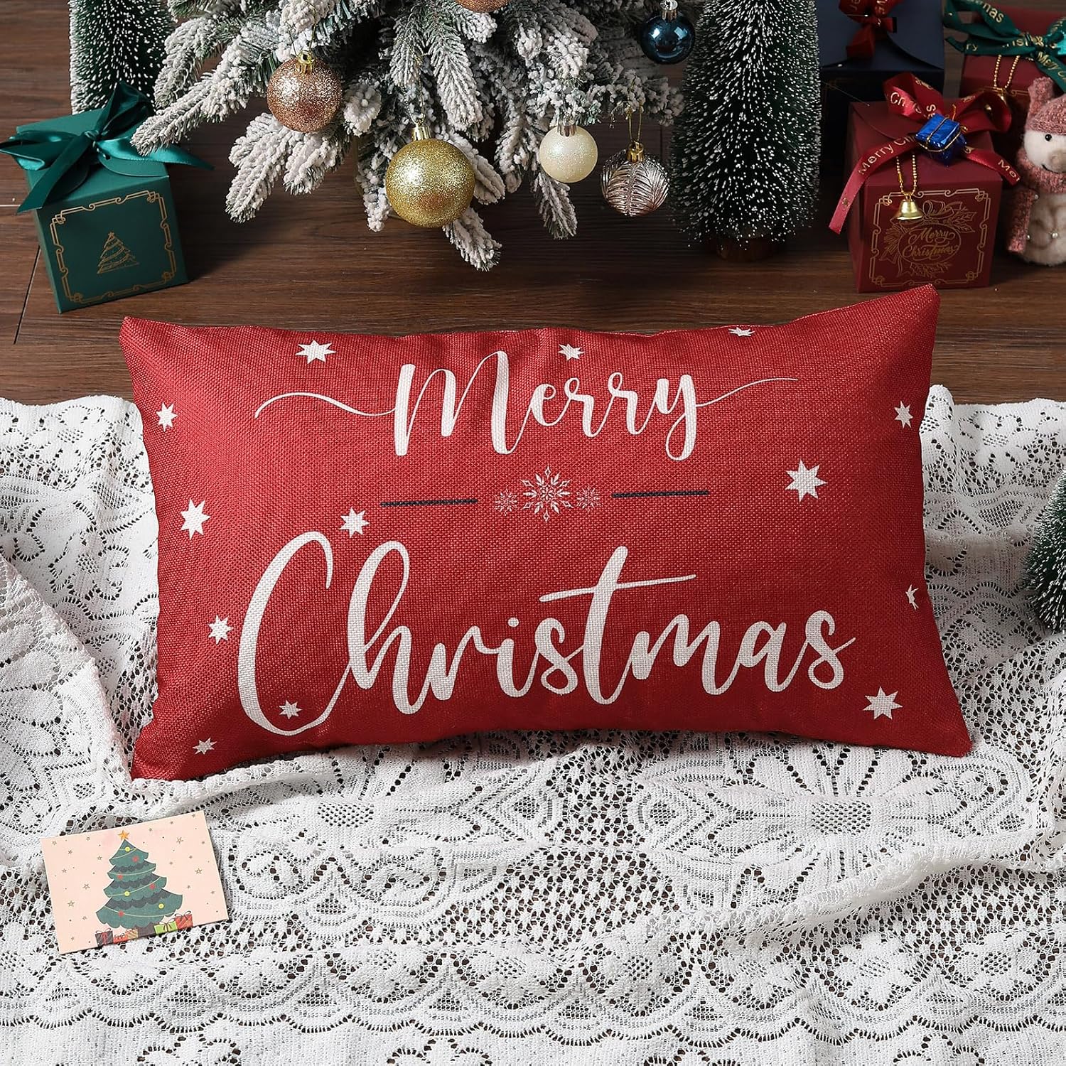 Fundas de almohada de Navidad de 12 x 20 pulgadas, decoración de árbol de Navidad, fundas de almohada lumbares rojas, decoración de invierno para
