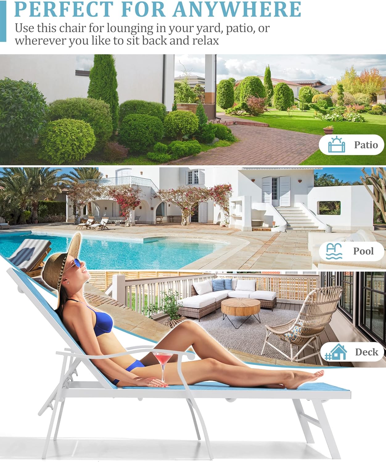 VredHom Juego de 2 sillones para exteriores, tumbonas para patio, 5 posiciones, respaldo ajustable, reclinable, reposabrazos ergonómico, para todo
