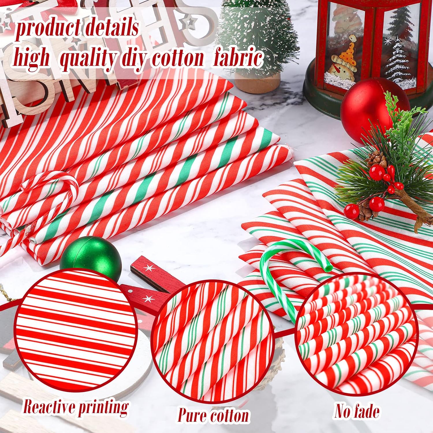 10 paquetes de tela de Navidad para coser, tela de algodón roja y verde, tela de impresión de bastón de caramelo cuadrado para costura de retazos,