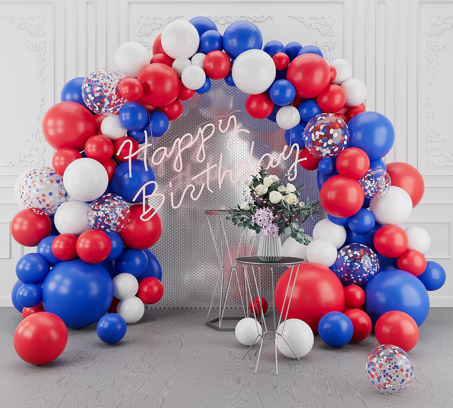 Kit de guirnalda de arco de globos rojos, blancos y azules, 143 globos de confeti coloridos para cumpleaños, aniversario, baby shower, compromiso,