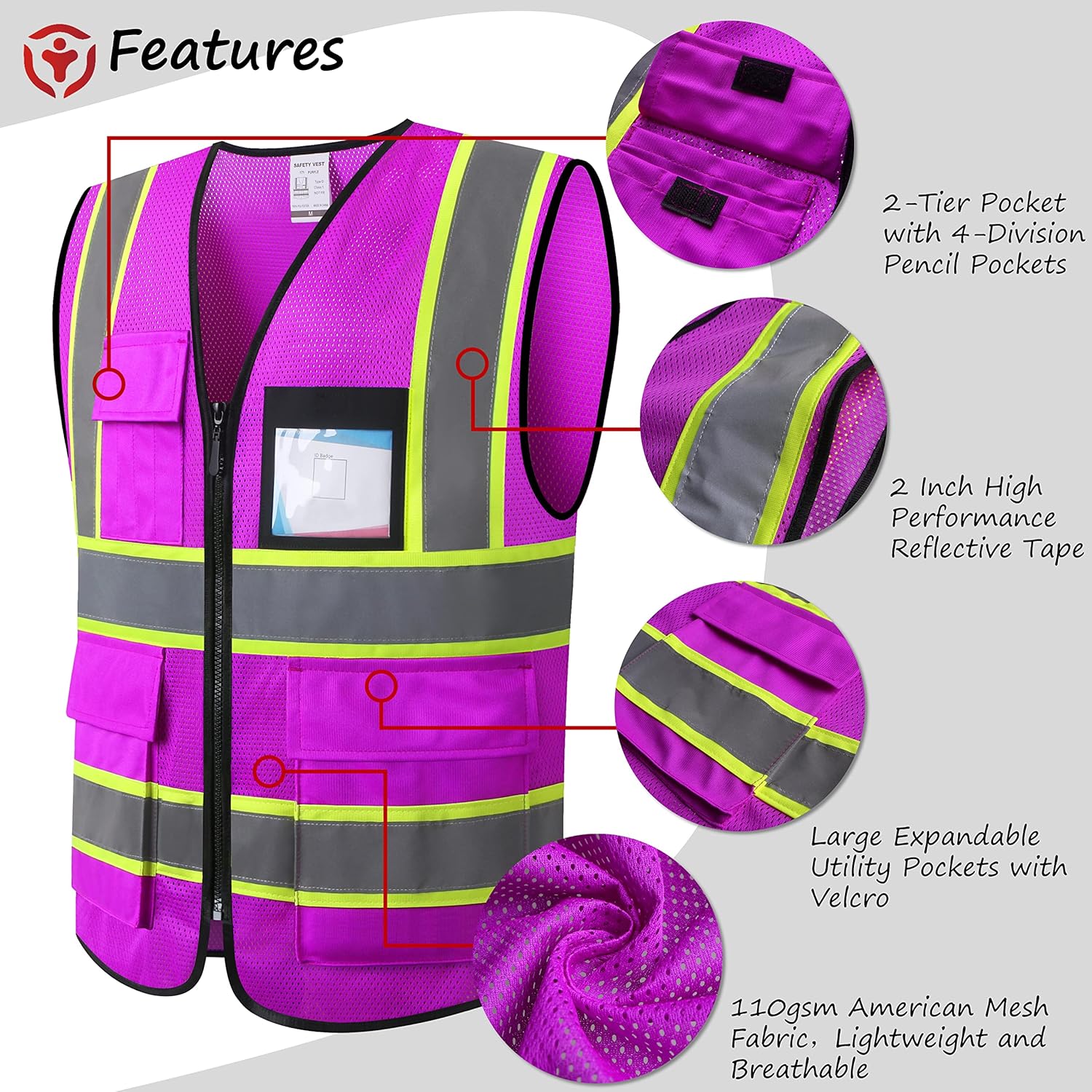ASIPHITU Chaleco de seguridad reflectante de alta visibilidad para hombres y mujeres con bolsillos con cremallera frontal cumple con las normas