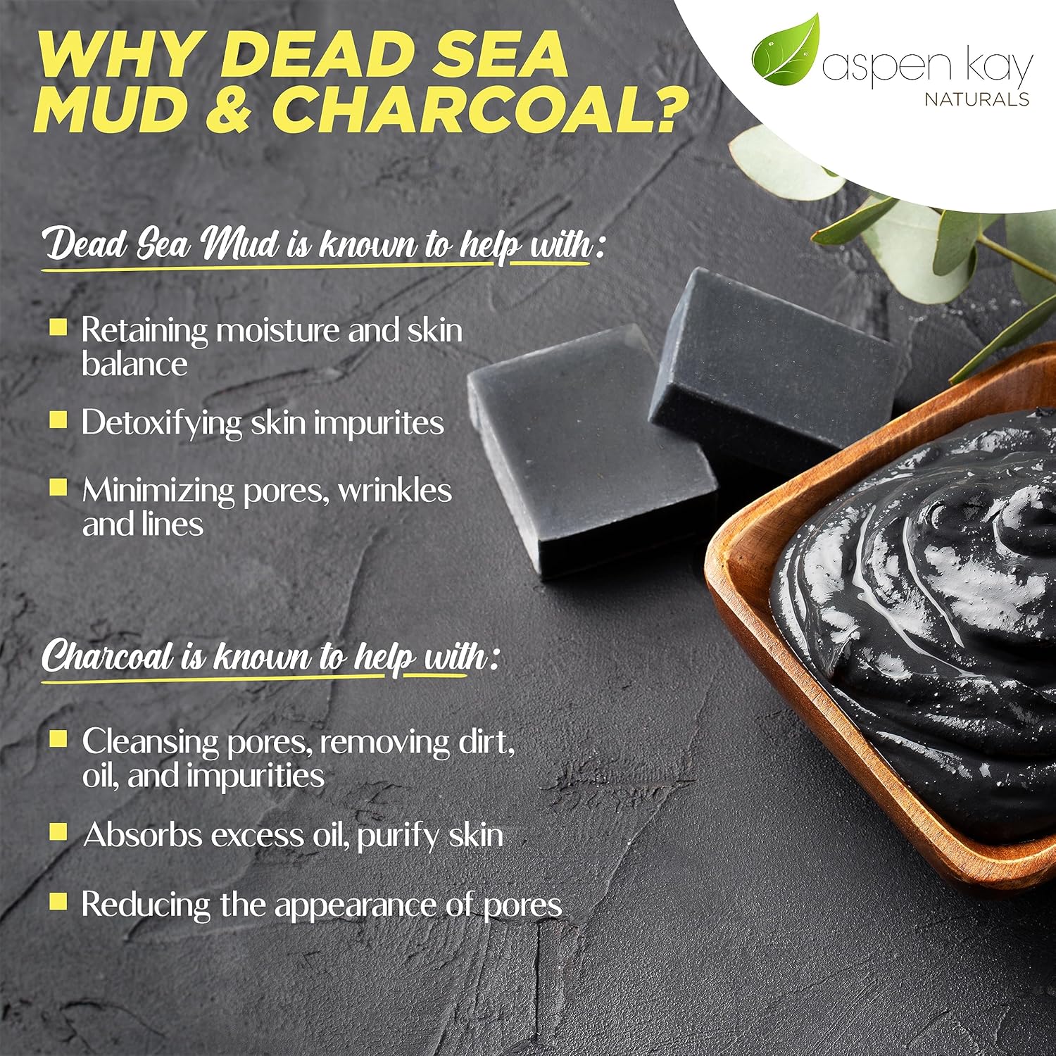 Aspen Kay Naturals Barra de jabón hecha a mano del Mar Muerto para cara y cuerpo (paquete de 6) natural y orgánico – Carbón activado y aceites