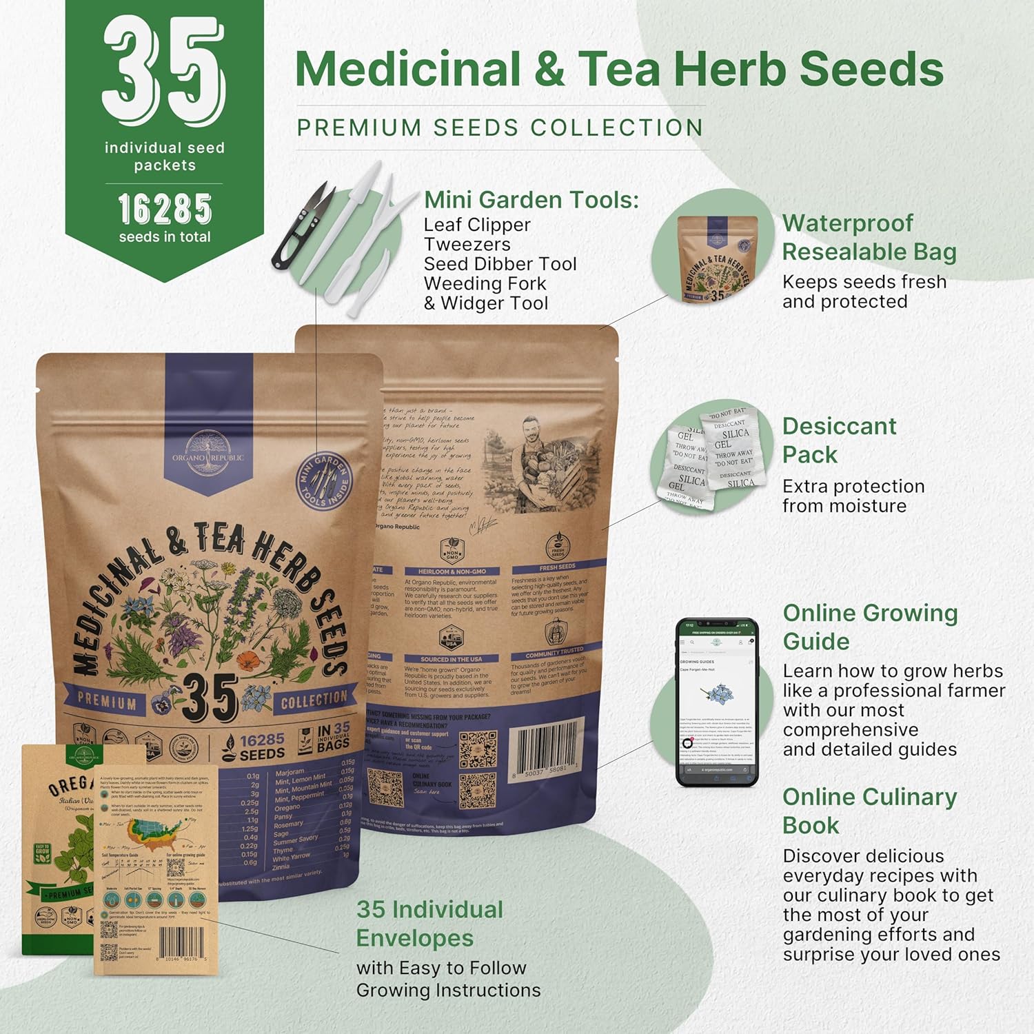 Paquete variado de 35 semillas de hierbas medicinales y de té para plantar en interiores y exteriores. Más de 8200 semillas de jardín herbales sin
