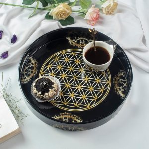 Crocon Bandeja redonda para mesa de café, encimera de cocina, centros de mesa impresos con flores de la vida para comedor, bandeja otomana Crocon Bandeja redonda para mesa de café, encimera de cocina, centros de mesa impresos con flores de la vida para comedor, bandeja otomana