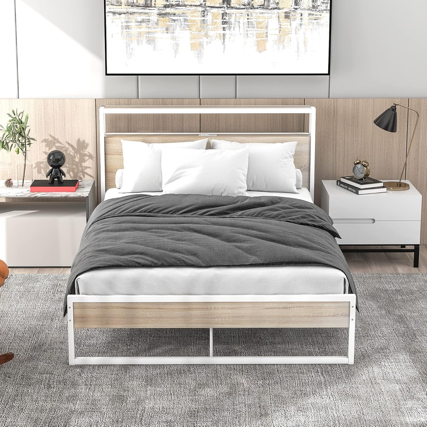 Ucloveria Base de cama de tamaño matrimonial con cabecera y estante de almacenamiento de 2 niveles, marco de cama moderno de metal y madera con