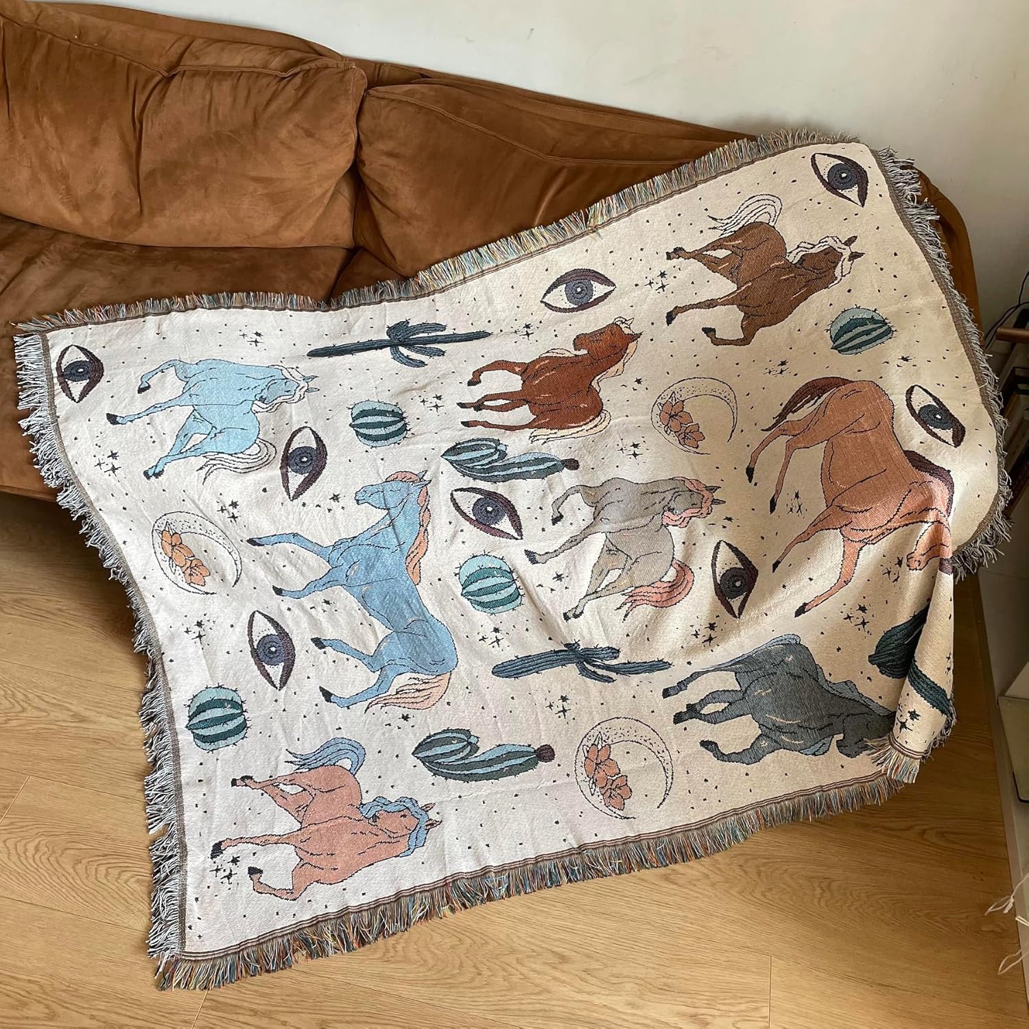 SANDOO Mantas del oeste, manta bohemia tejida con patrón de caballo, 51 x 71 pulgadas, manta bohemia con borla, manta azteca occidental, mantas del
