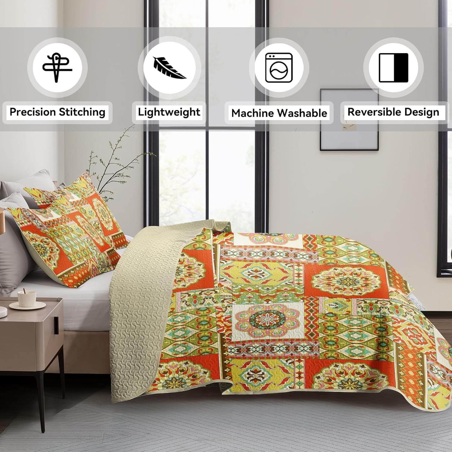 Juego de edredón bohemio de 3 piezas, tamaño King, color naranja, reversible, bohemio, floral, para todas las estaciones, juego de ropa de cama de