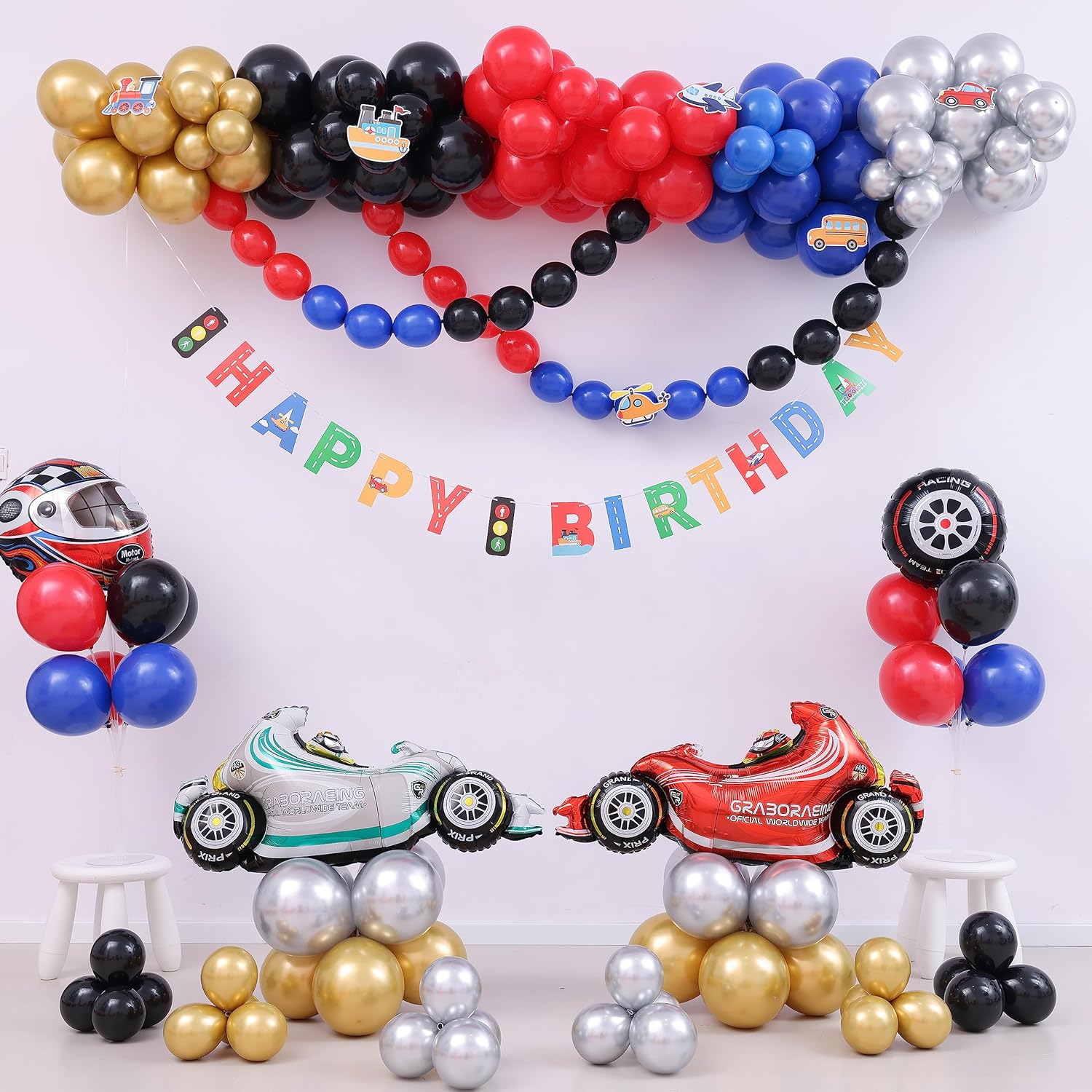 Suministros para fiesta de cumpleaños de coche de carreras decoración de primer cumpleaños para niños o niñas con casco de motor, globo de