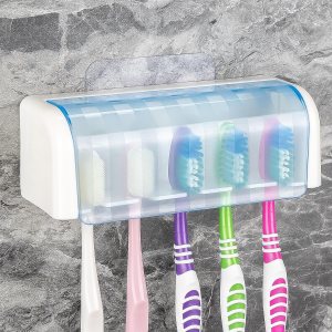 Soporte de pared para cepillos de dientes con 5 ranuras con tapa, organizador de almacenamiento de cepillos de dientes autoadhesivo para ducha, Soporte de pared para cepillos de dientes con 5 ranuras con tapa, organizador de almacenamiento de cepillos de dientes autoadhesivo para ducha,
