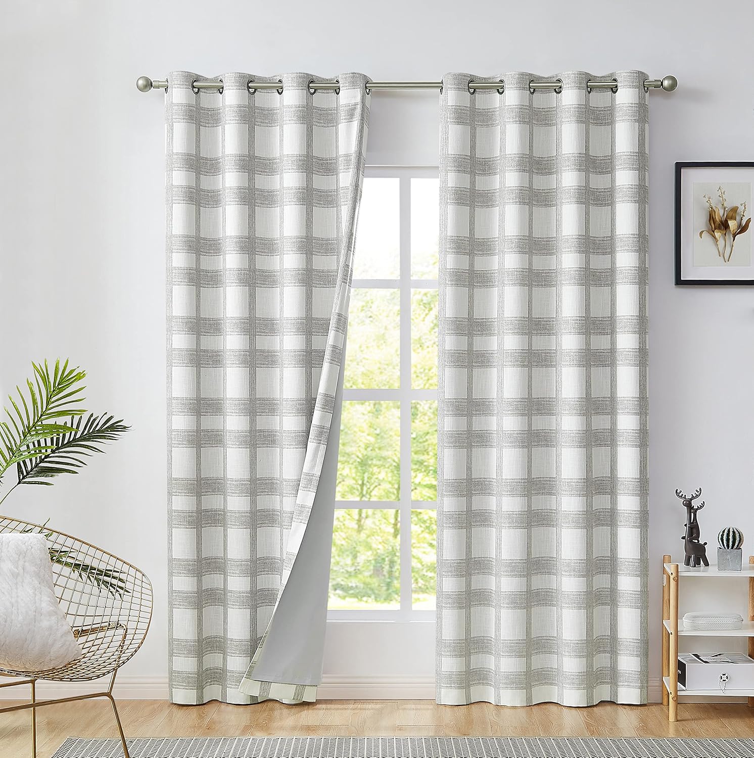 Cortina opaca a cuadros para ventana, panel geométrico a cuadros, con aislamiento térmico, extra larga para dormitorio, sala de estar, ojales en la