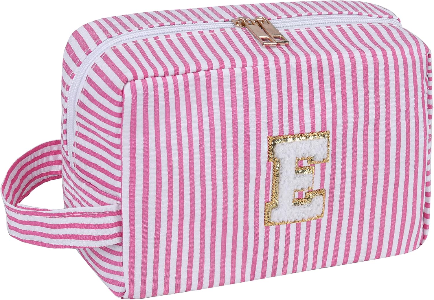 Bolsa de maquillaje con parche de letras, bolsa de viaje para cosméticos, bolsa de preparación con trébol de piedra, con inicial, neceser con