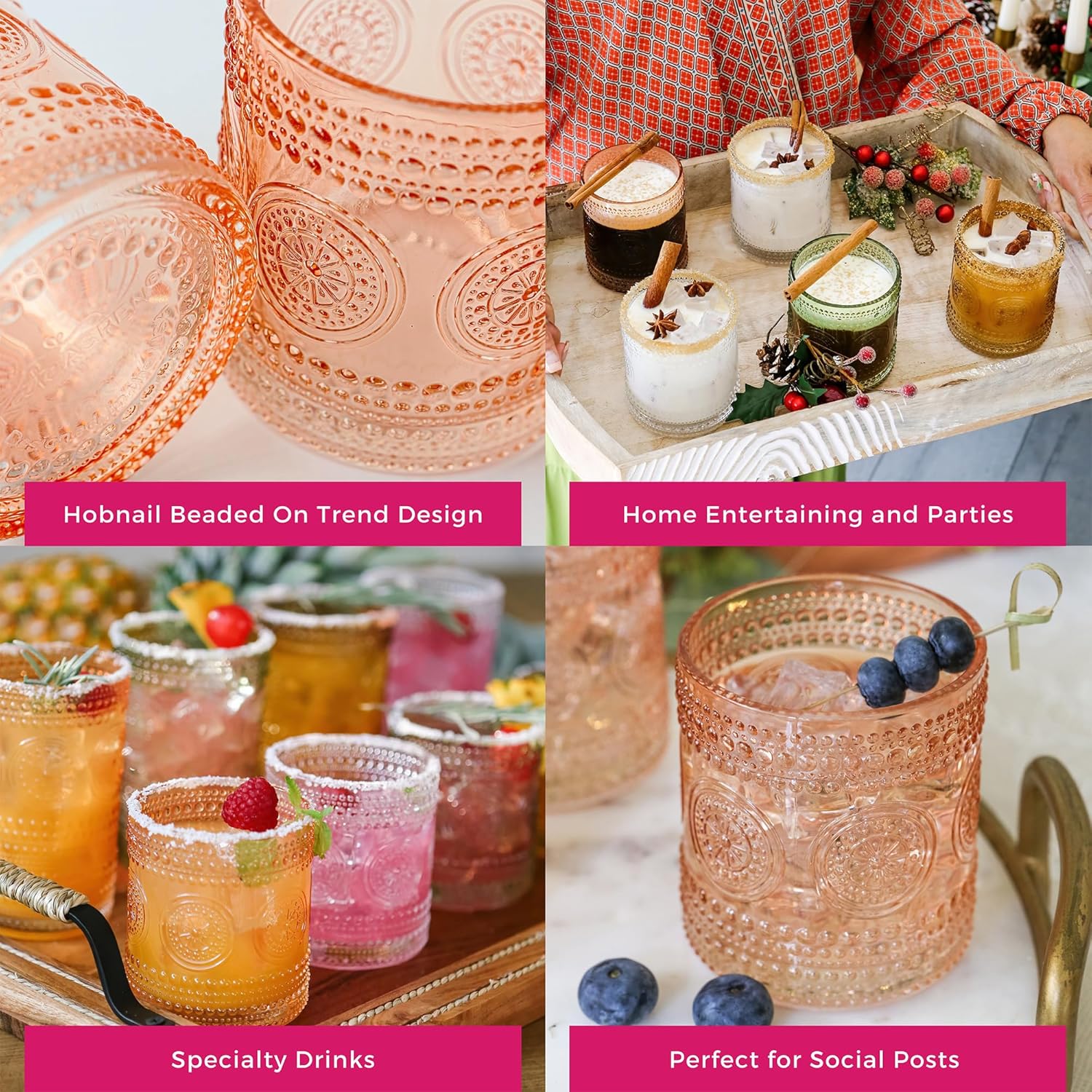 Kate Aspen Hobnail – Juego de 6 vasos de bebida con cuentas florales de oro rosa (10 onzas), juego de cristalería vintage, juego de vasos de cóctel,