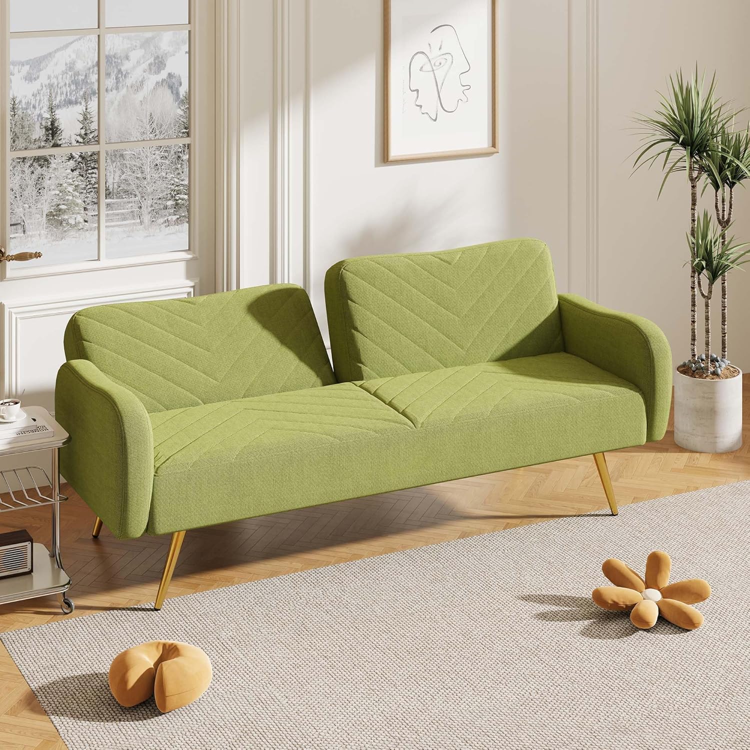 Futón de 70 pulgadas con colchón incluido, sofá cama futón con respaldo dividido y 2 cojines, sofá cama convertible con patas y brazos de metal