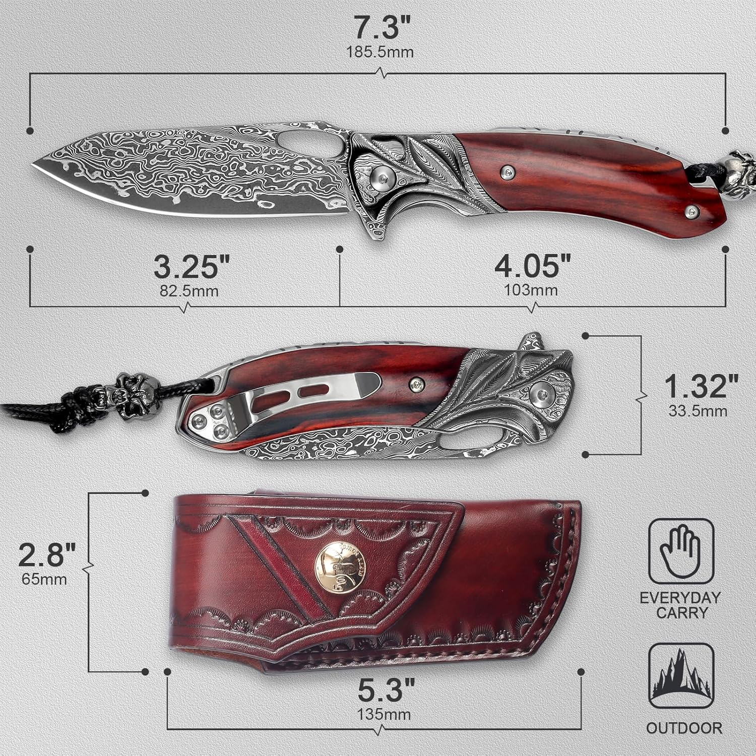 VNLA Exquisito cuchillo de bolsillo plegable de acero de Damasco Japón Praxis, cuchillo plegable de hoja VG10, con funda de cuero hecho a mano, clip