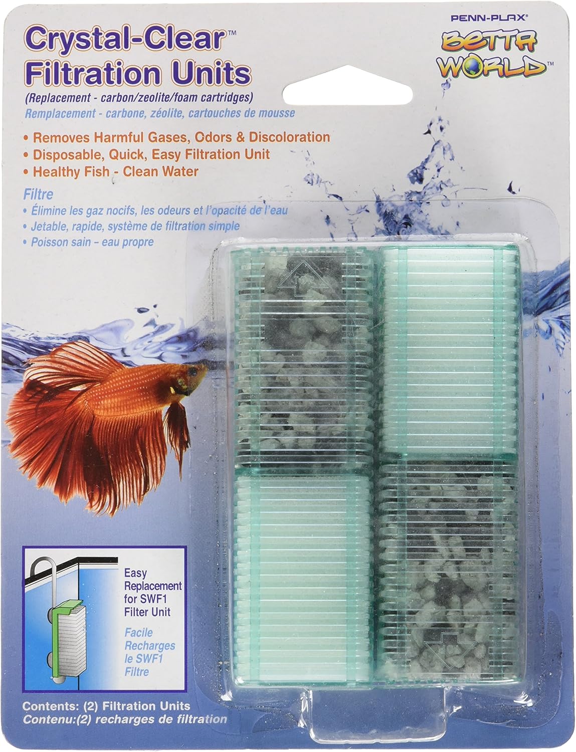 Penn-Plax Small World SWF1C – Cartuchos de repuesto para medios de filtro de acuario (paquete de 2) – Seguro para instalaciones de agua dulce y