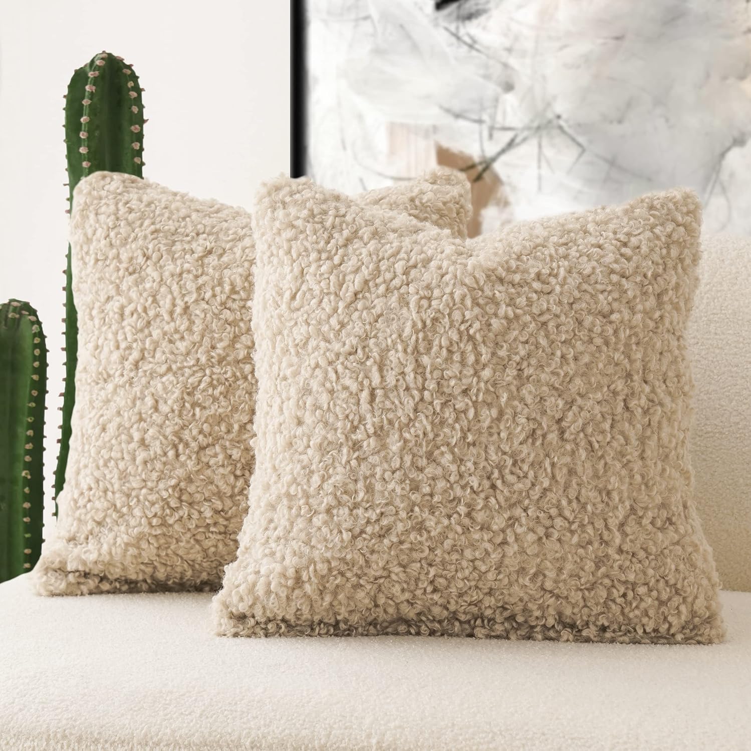 Foindtower 2 fundas de almohada de 20 x 20 pulgadas, color caqui claro, de piel sintética, fundas de almohada de sherpa mullidas, fundas de almohada
