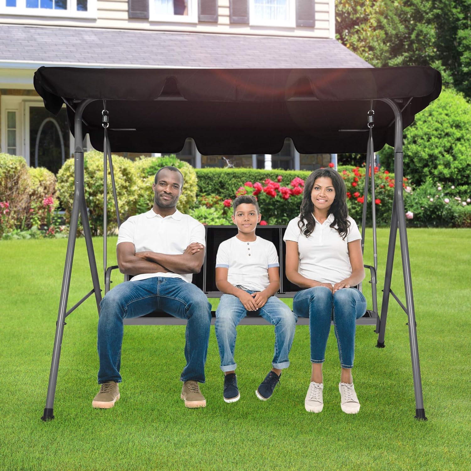Columpio de patio para 3 personas con toldo convertible, marco resistente a la intemperie y asiento transpirable, cómodo banco de columpio al aire