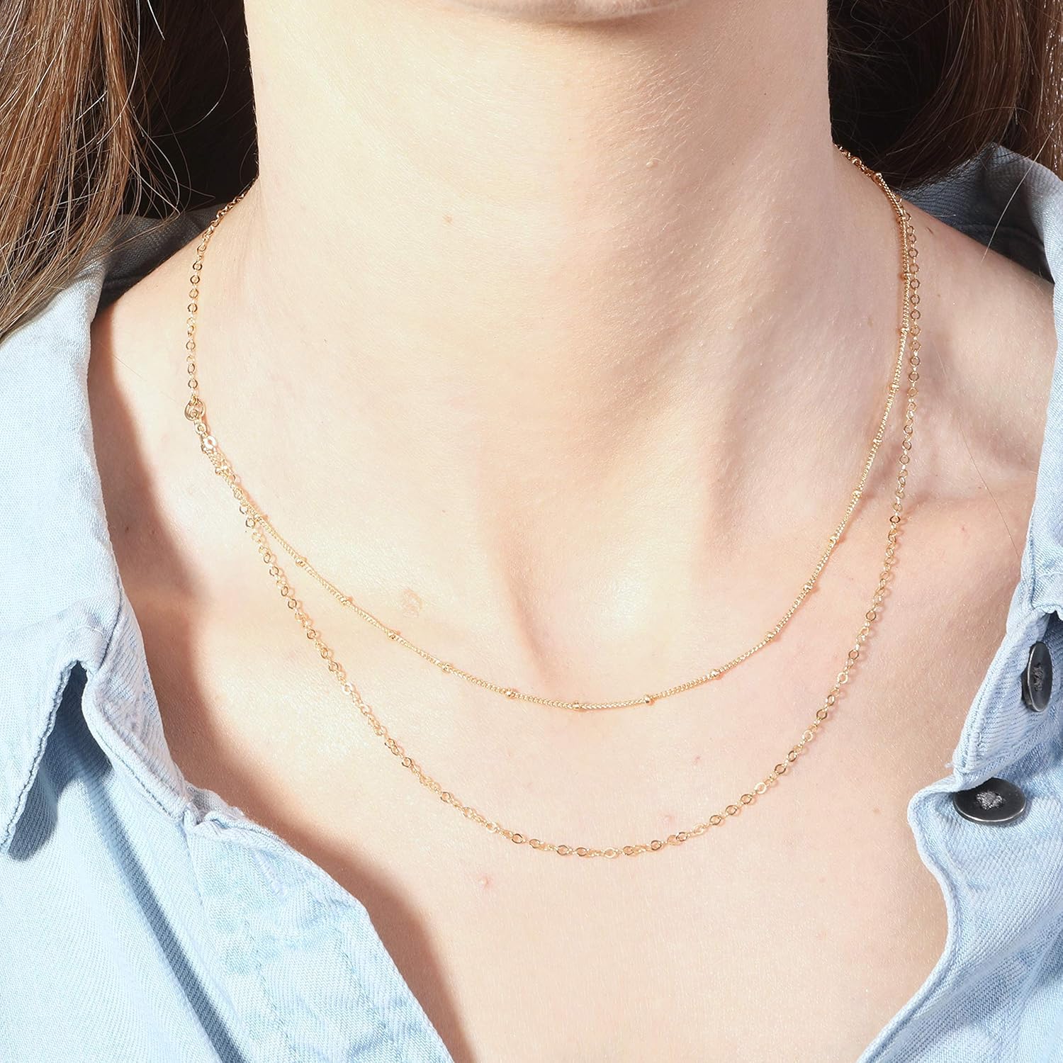 Dainty Double Chain Layered Necklace Women Choker Satellite Handmade Gold Jewelry 16″+extension