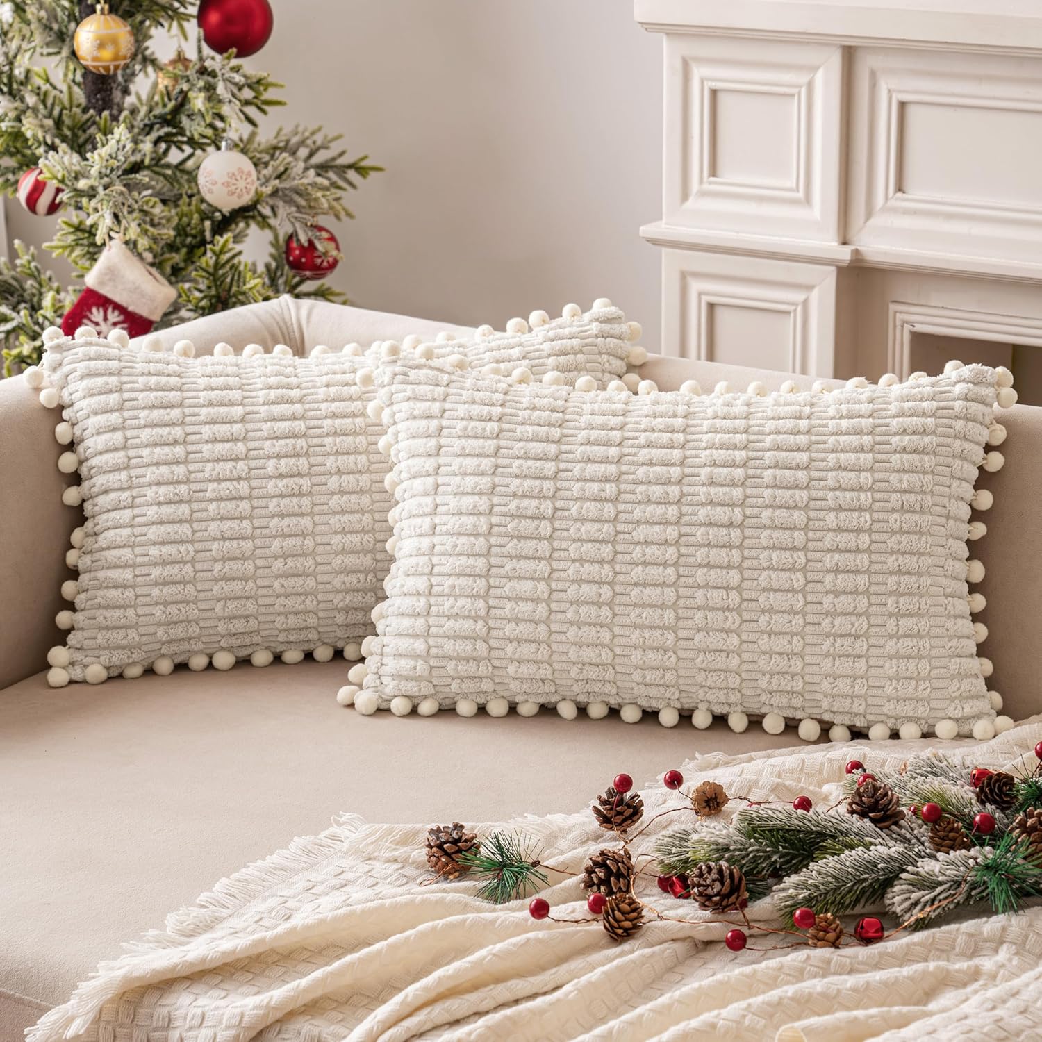 MIULEE Juego de 2 fundas de almohada decorativas de pana blanca crema, con pompones, suaves, bohemias, a rayas, decoración moderna para el hogar,