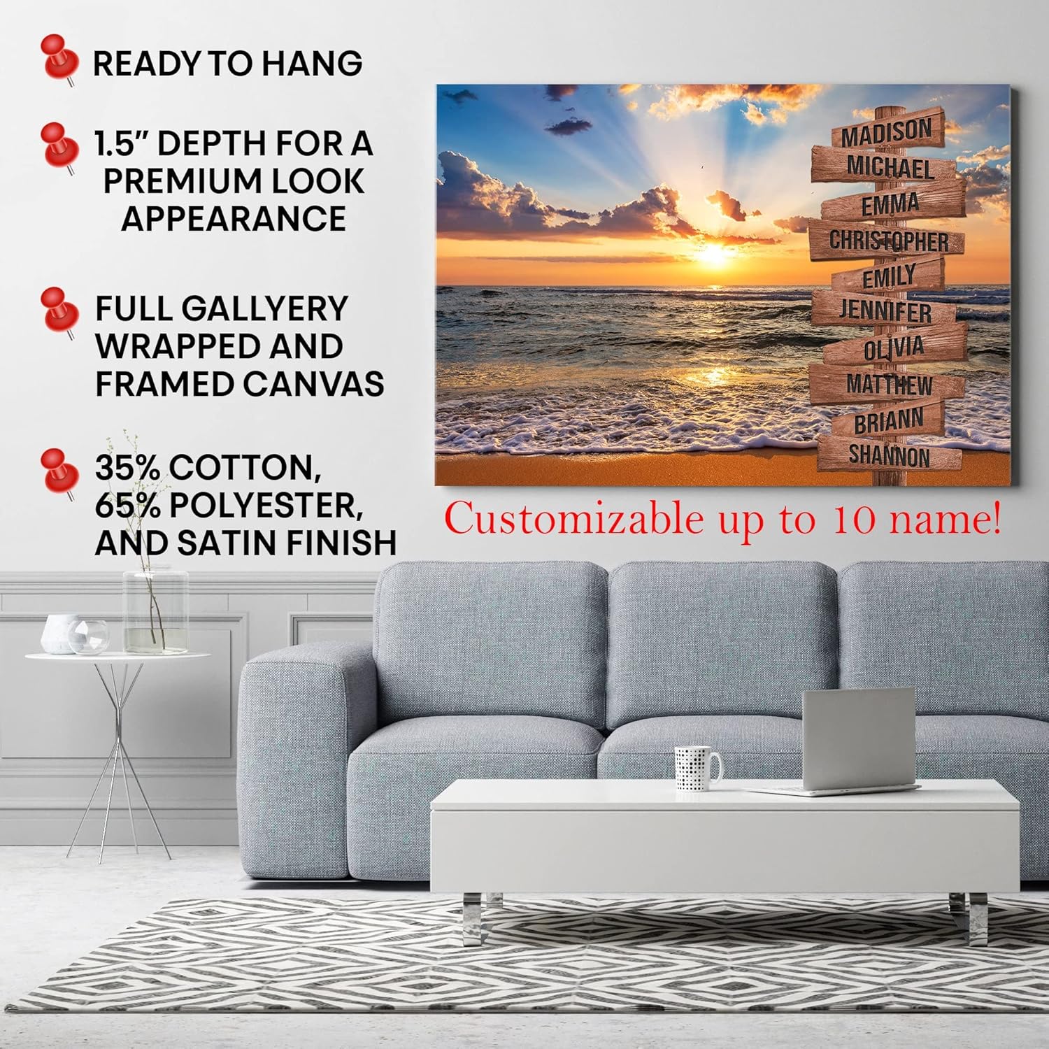 My Soul And Spirit Store – Lienzo de primera calidad personalizado con varios nombres y puesta de sol sobre la playa, lienzo personalizado de