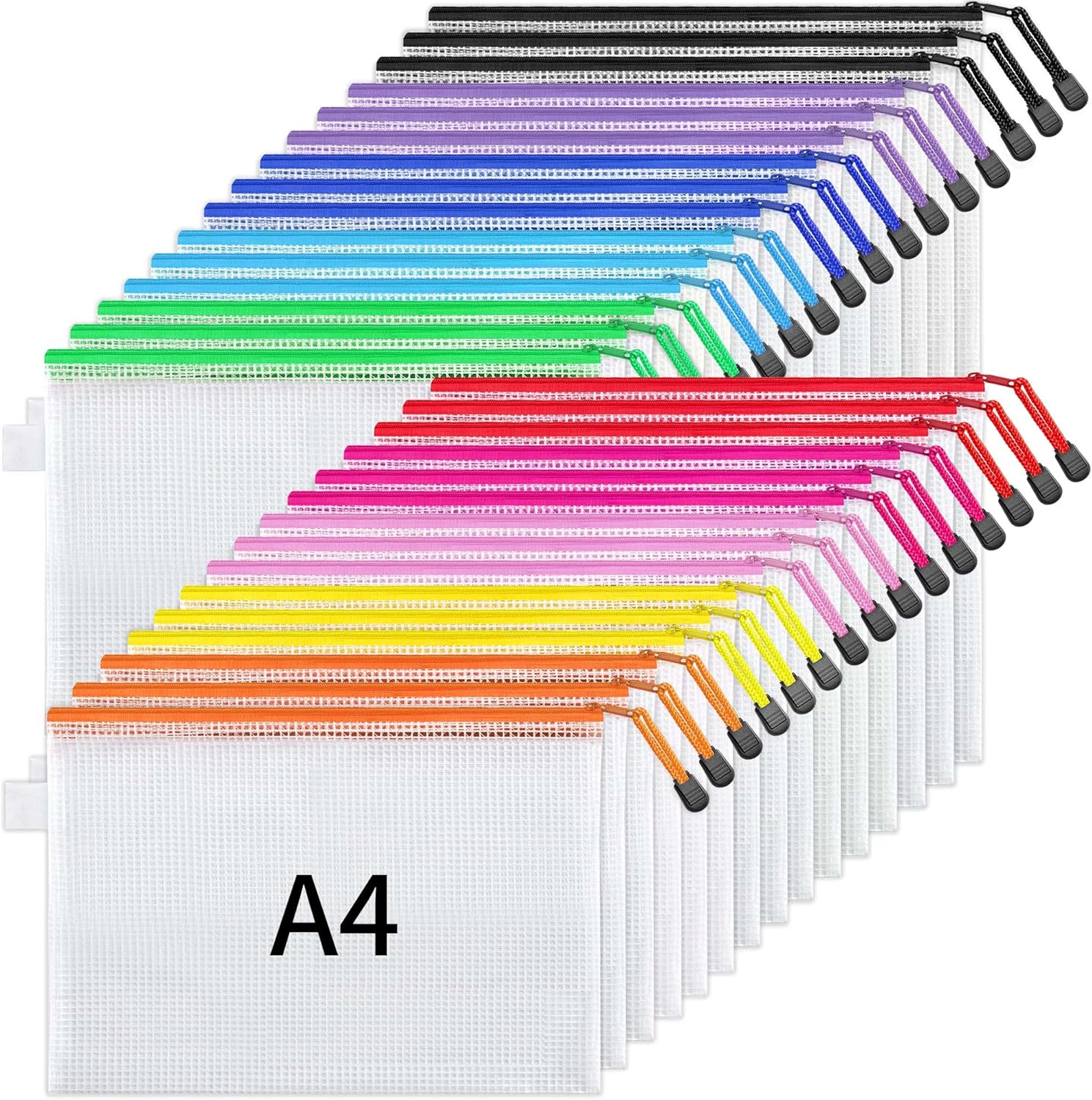 JARLINK Paquete de 30 bolsas de malla con cremallera, 10 colores, bolsas de archivos impermeables, tamaño cartatamaño A4, multiusos para organizar
