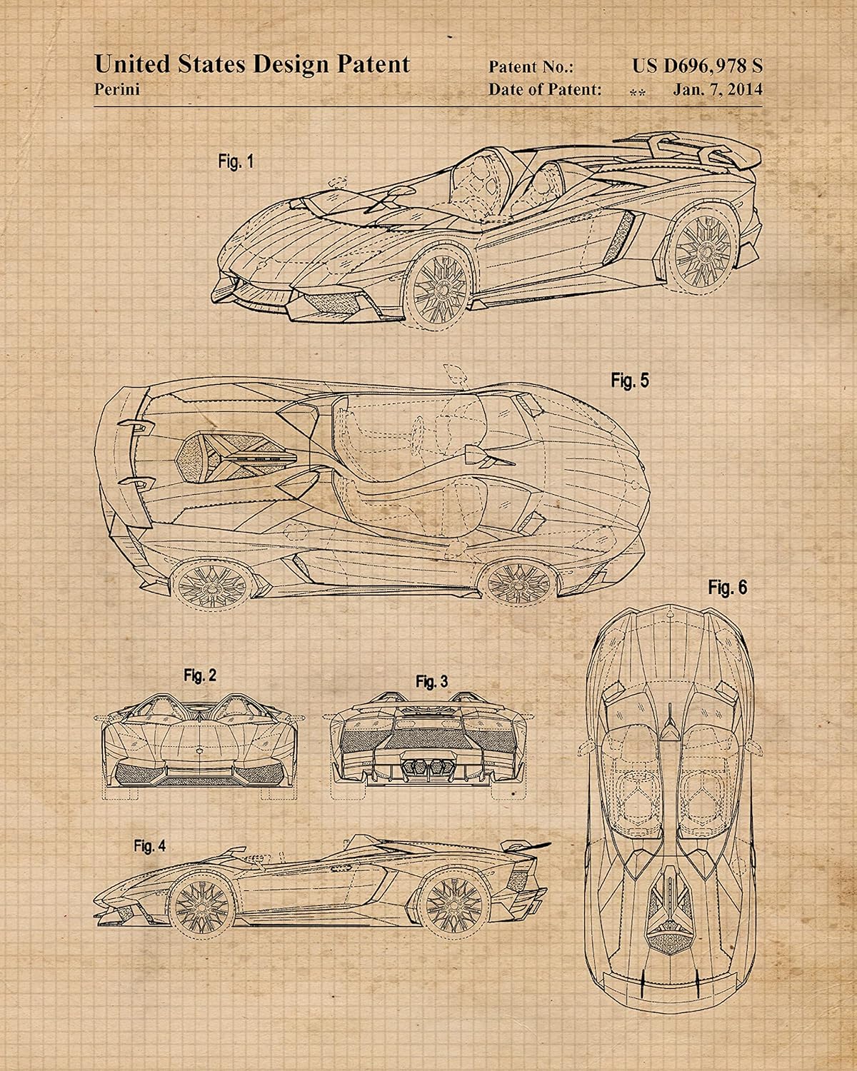Classic Cars Patent Prints, 6 (8×10) Unframed Photos, Wall Art Decor Gifts for Home Lamborghini Office Gears Garage Shop School Racing Engineer