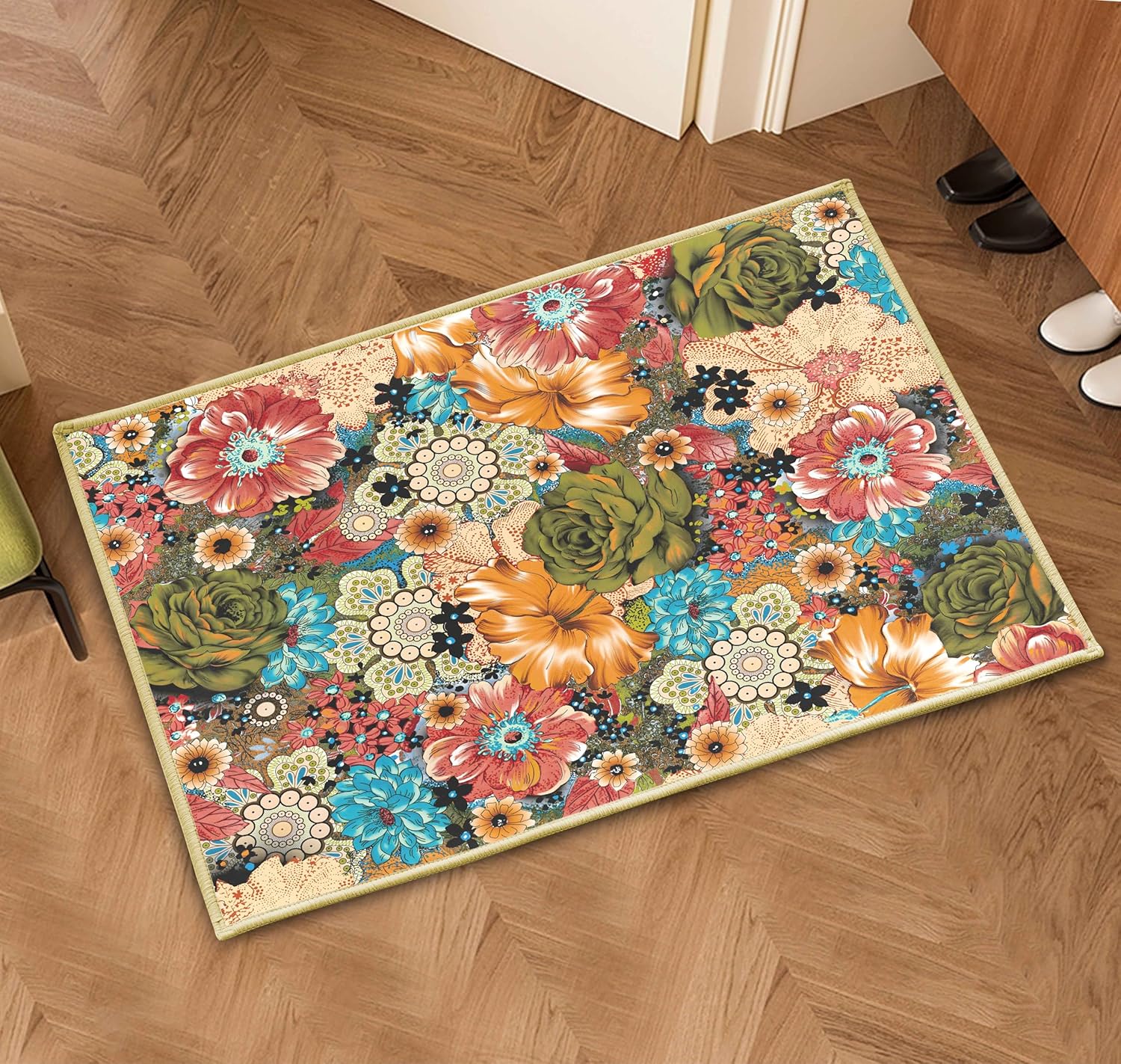 keensoft Alfombra de área floral colorida de 2 x 3 pies, tapete retro de flores bohemias, antideslizantes, lavables a máquina, alfombras pequeñas,