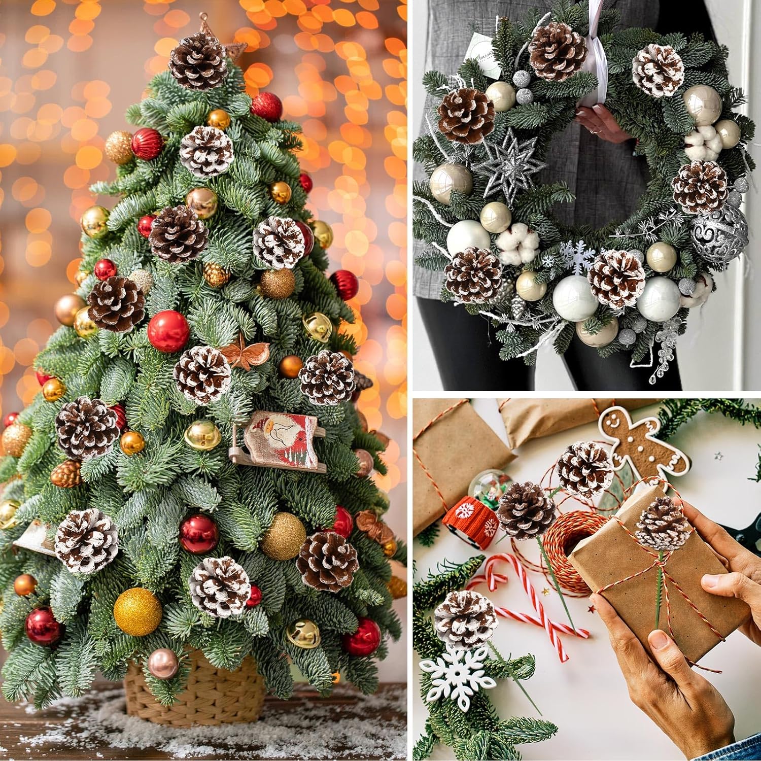 Púas de pino natural de Navidad de 3 pulgadas, 15 piezas de piñas de nieve para decoración de árbol de Navidad, hogar, fiesta, bricolaje