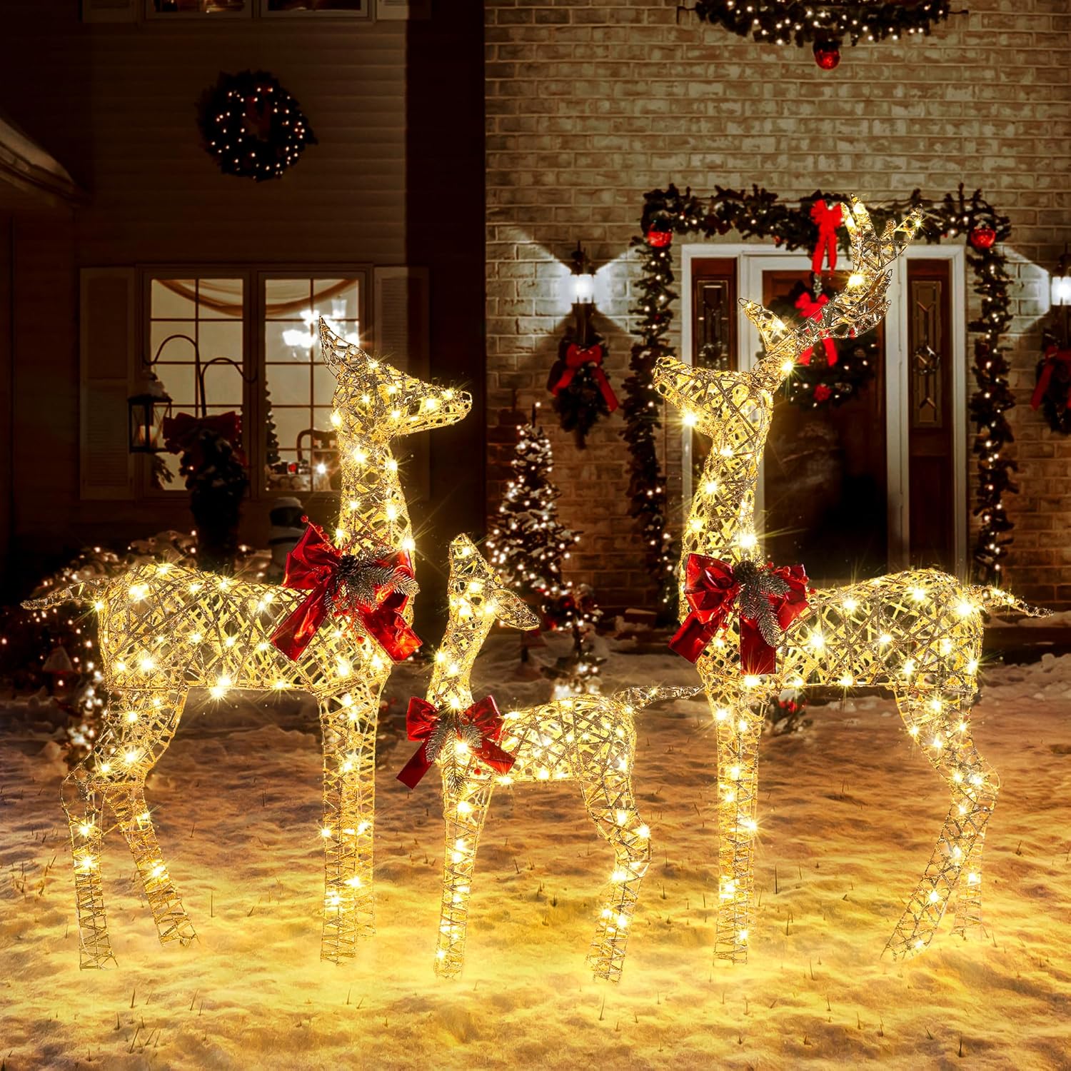GENIMO 3 piezas de decoración navideña de renos para exteriores, patio, familia de ciervos preiluminados, 390 luces LED, decoración navideña de