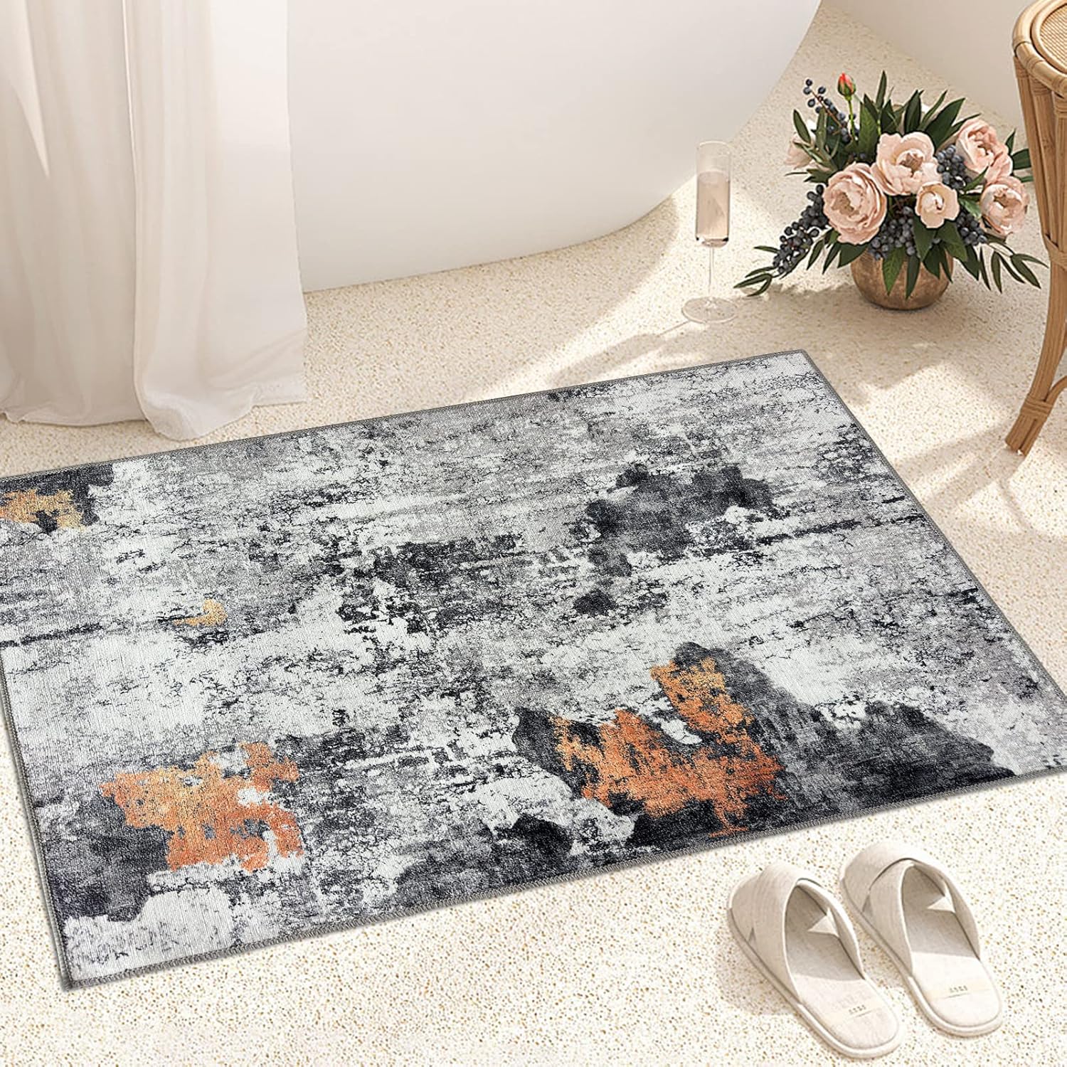 OIGAE Alfombra lavable de 2 x 3 pies, alfombra de entrada pequeña abstracta moderna con respaldo antideslizante, alfombra de entrada frontal para